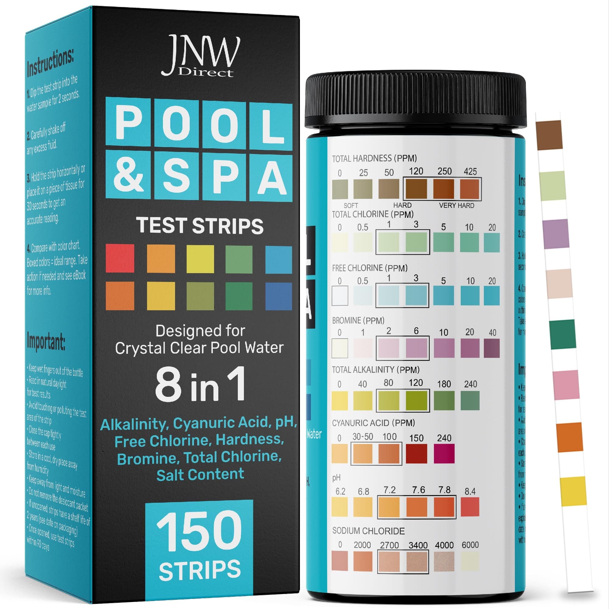 Pool Test Strips 8-in-1, 150 Quick and Accurate Pool and Hot Tub Test Strips - Pool Water Testing Kit for Chlorine, Bromine, pH, Hardness, More - All in 1 Swimming Pool Test Strips by JNW