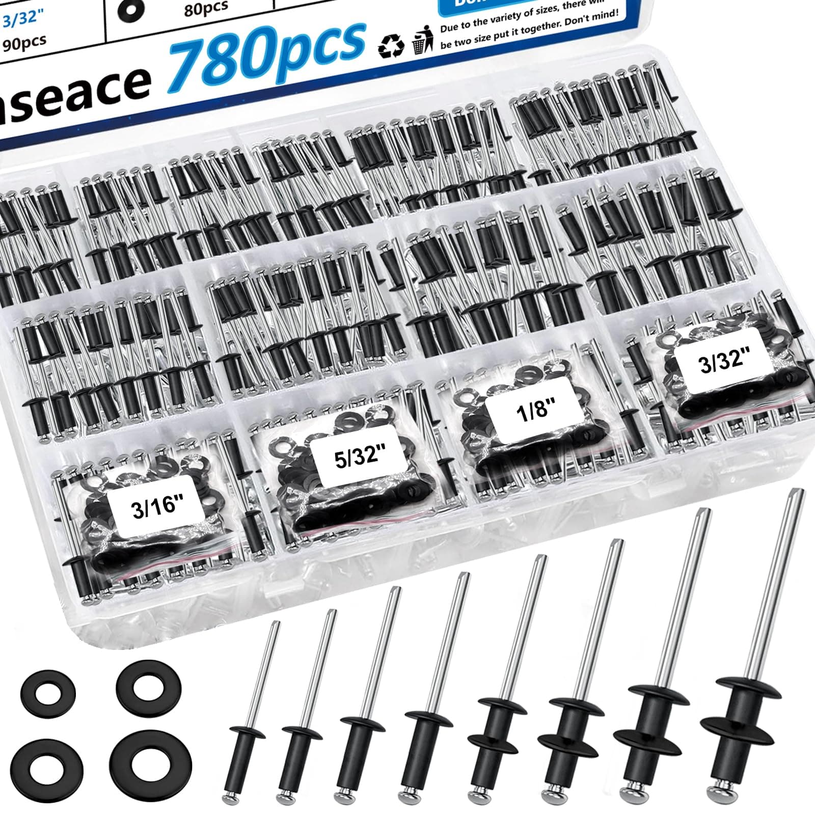 smseace 780pcs 18-Values Pop Rivets with Backup Rivets Washers Assortment Kit 14-Values Black Aluminum Rivets3/32" 1/8" 5/32" 3/16",4-Values Blind Rivet Washer for Indoor and Outdoor