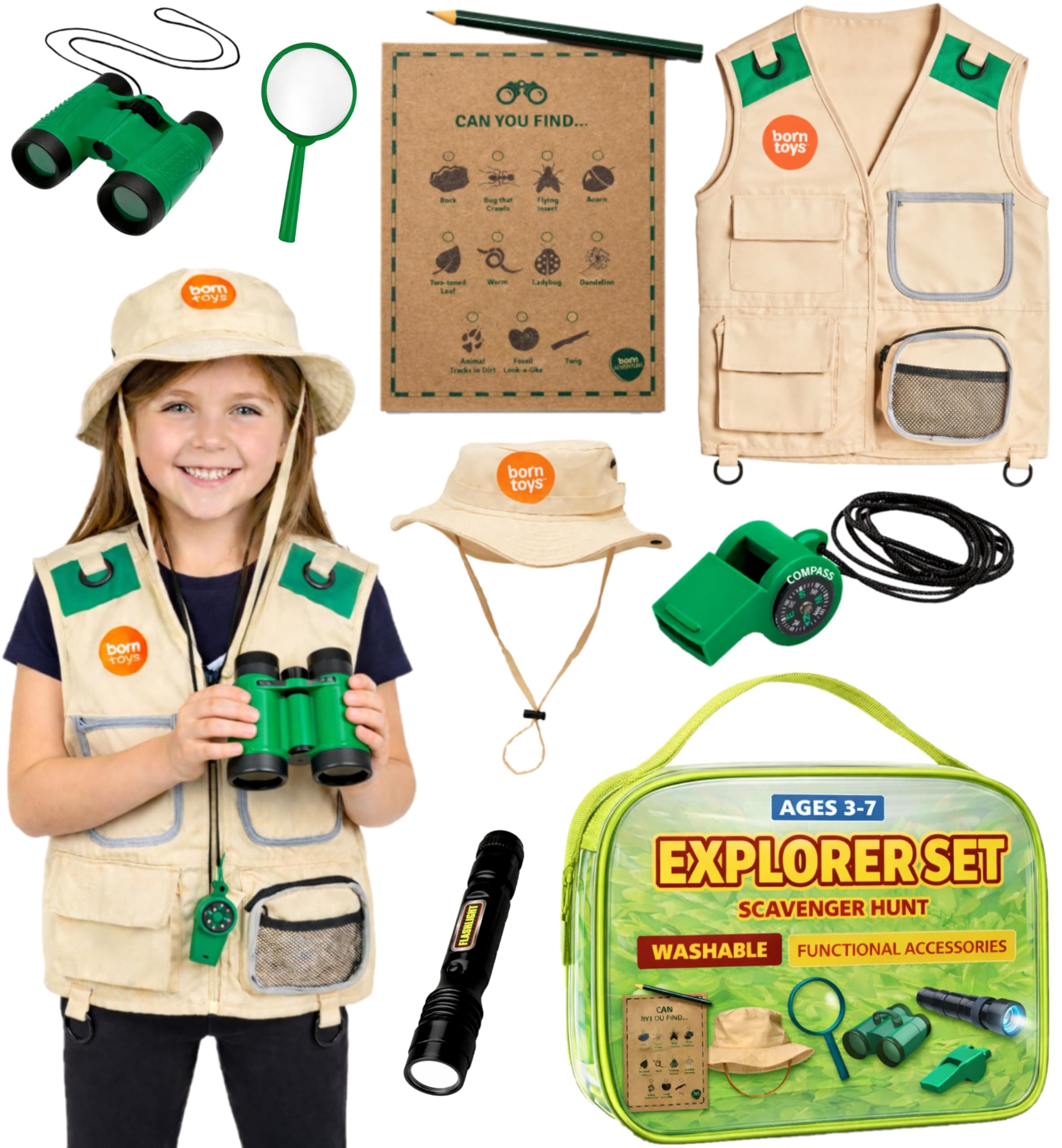 Born Toys Backyard Safari Vest and Costume with Explorer kit for Outdoor,Nature,Park Ranger,Paleontology,Zoo Keeper, Halloween,Camping,Hiking, STEM and Scientific Dress up and Role Play