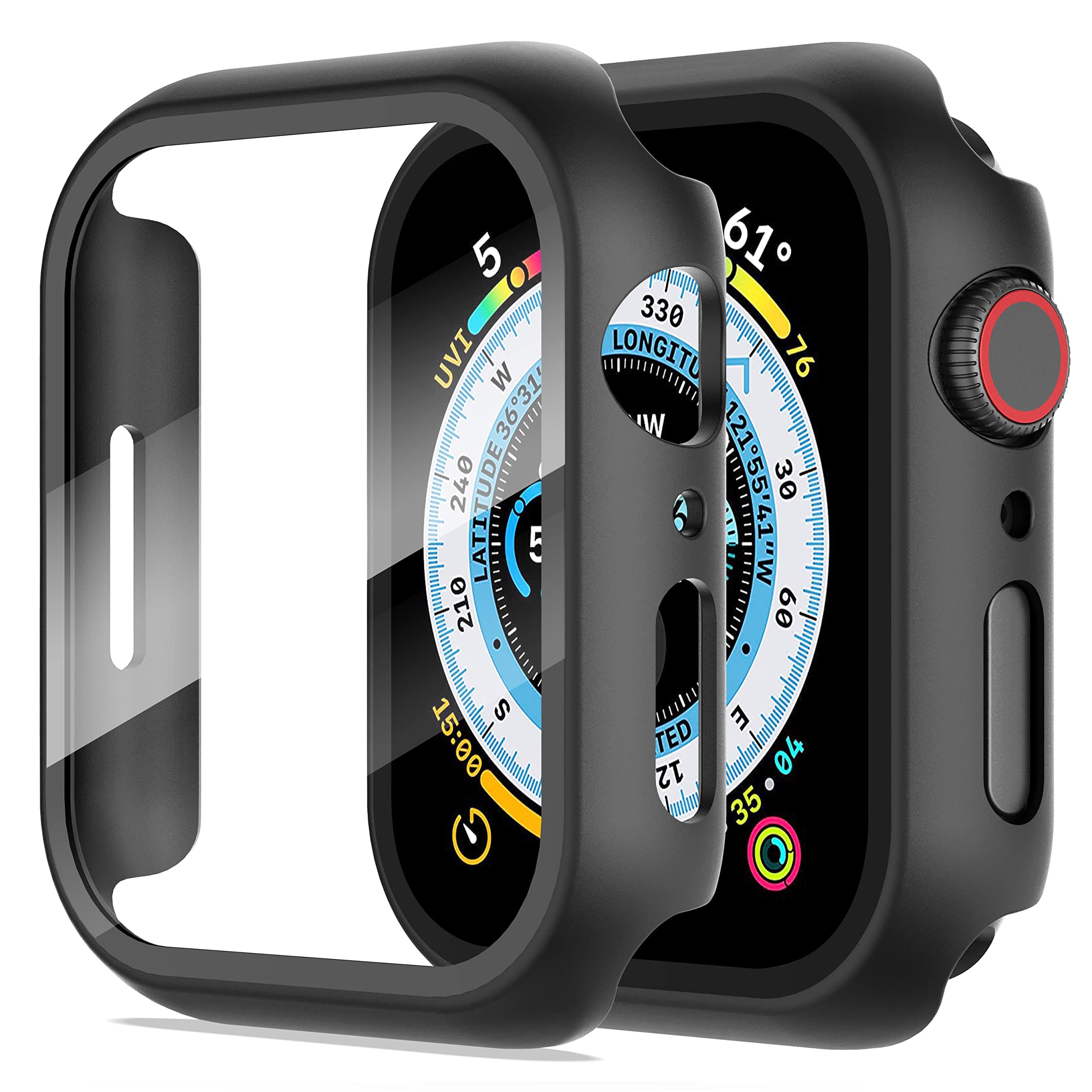 Diruite 2-Pack Screen Protector for Apple Watch 9/8/7 45mm Tempered Glass Case,All Around Hard Matte PC Protective Cover,Black,45mm