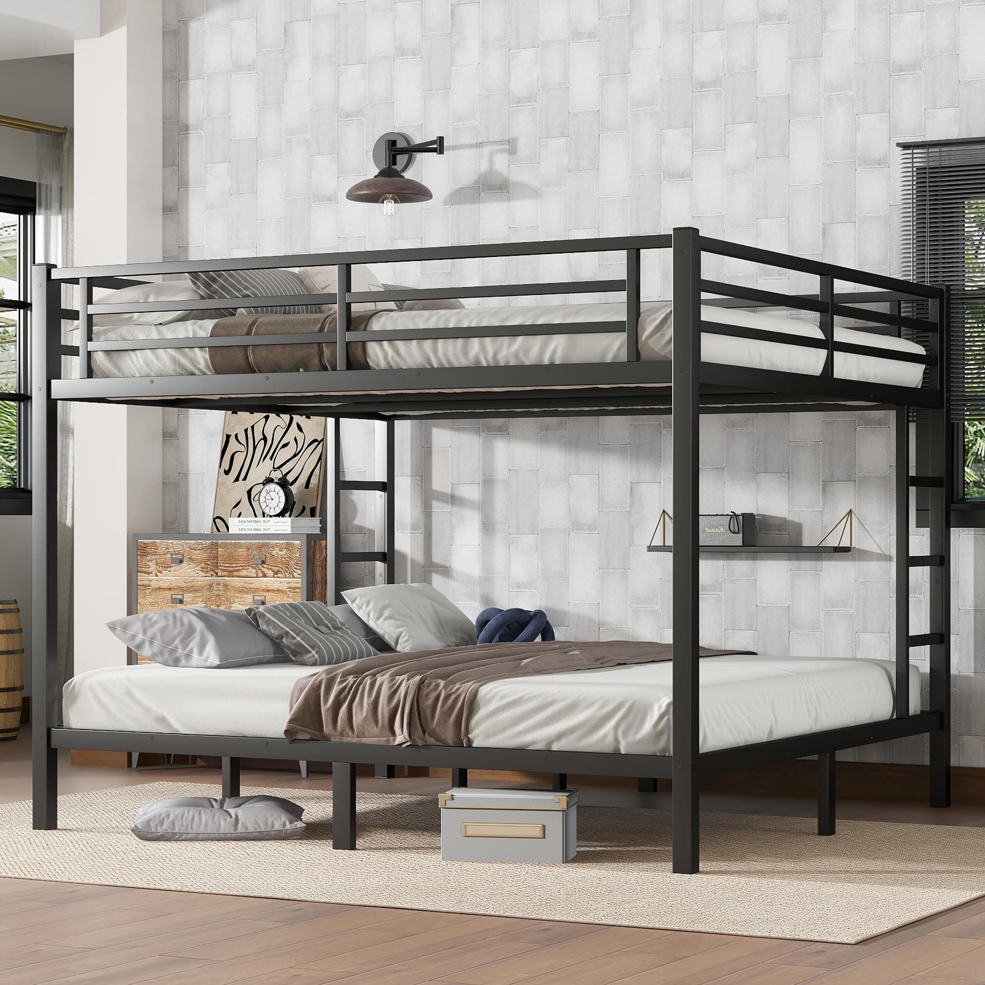 King Over King Bunk Bed, Metal Bunk Bed Frame Heavy Duty Bunk Beds Loft Bed Frame with Ladder and Guardrail Metal Slats No Box Spring Required for Adults Teens