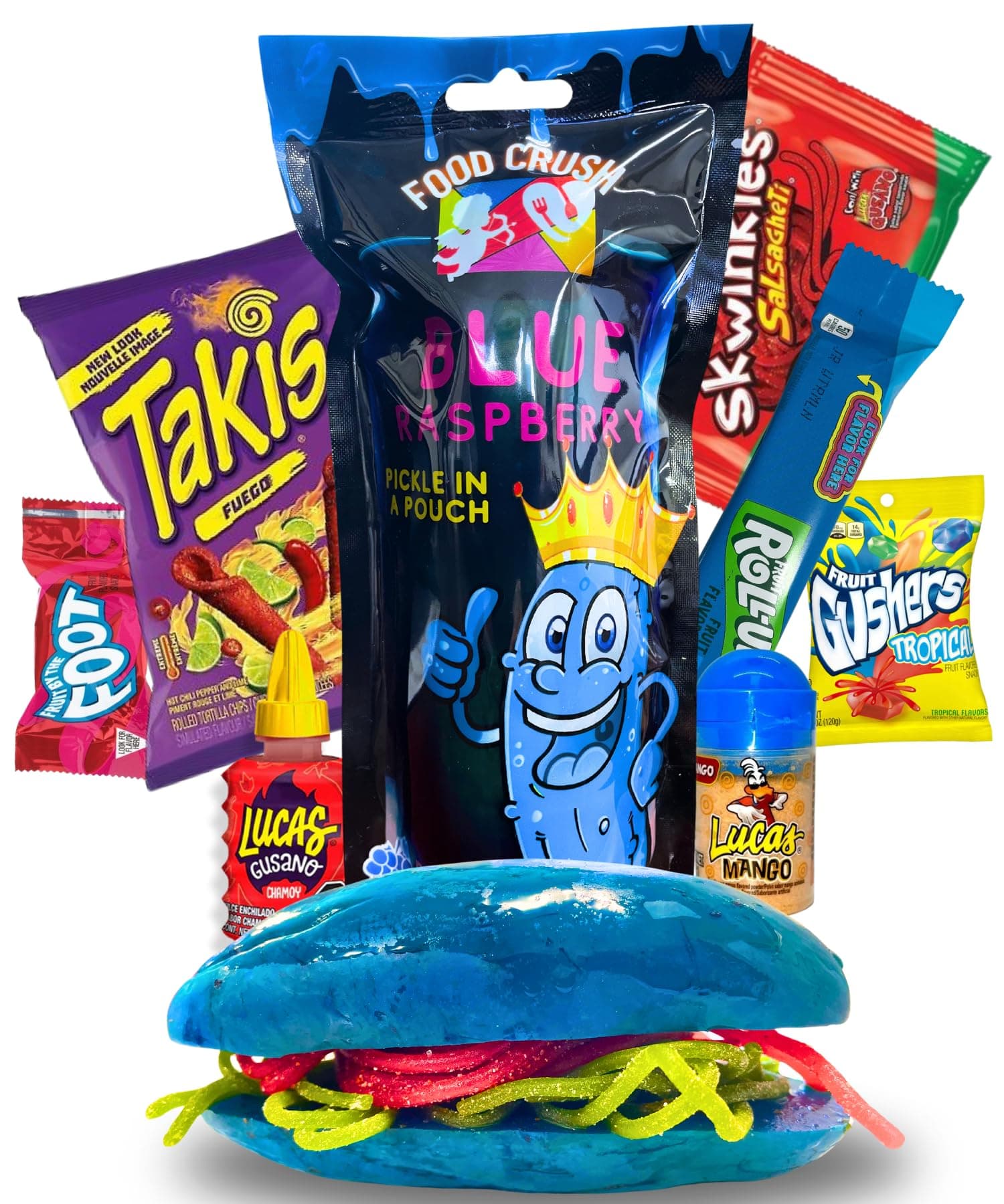 Blue Raspberry Pickle Kit With Takis-Mexican Candy (Dulces Mexicano) Gift Pouch with Takis, Fruit Roll up, gushers, Lucas Gusano Chamoy Sauce and more-Tiktok Trend Items