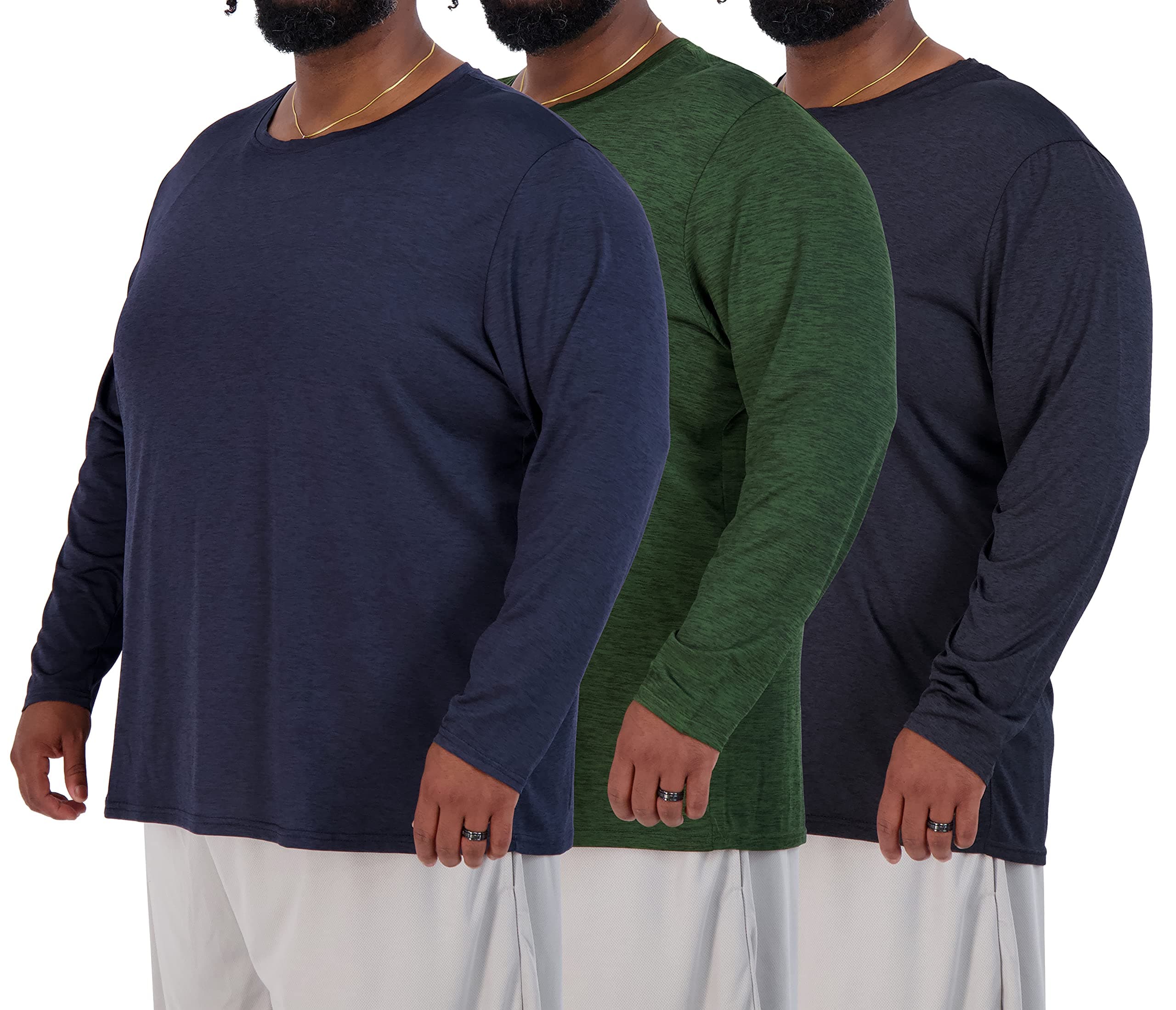 Real Essentials 3 Pack: Men’s Big & Tall Long Sleeve Dry-Fit Crew Neck T-Shirt - Gym Workout Athletic Running Tee (3XT-5XT)
