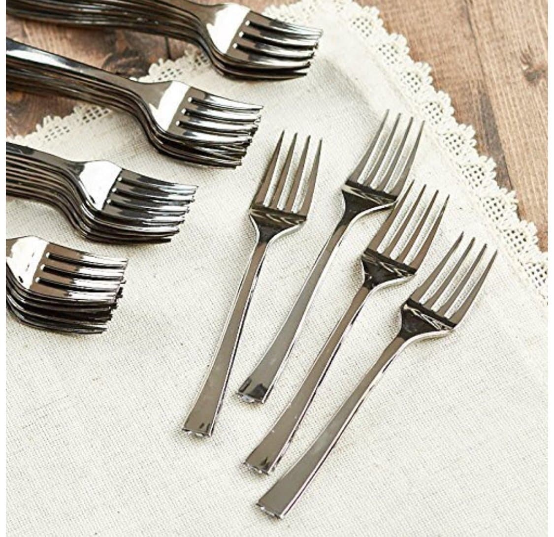 Exquisite Plastic Mini Forks Premium Quality Silverware "Silver look alike" Heavy Duty Plastic Tasting Dessert Forks - 100 Count