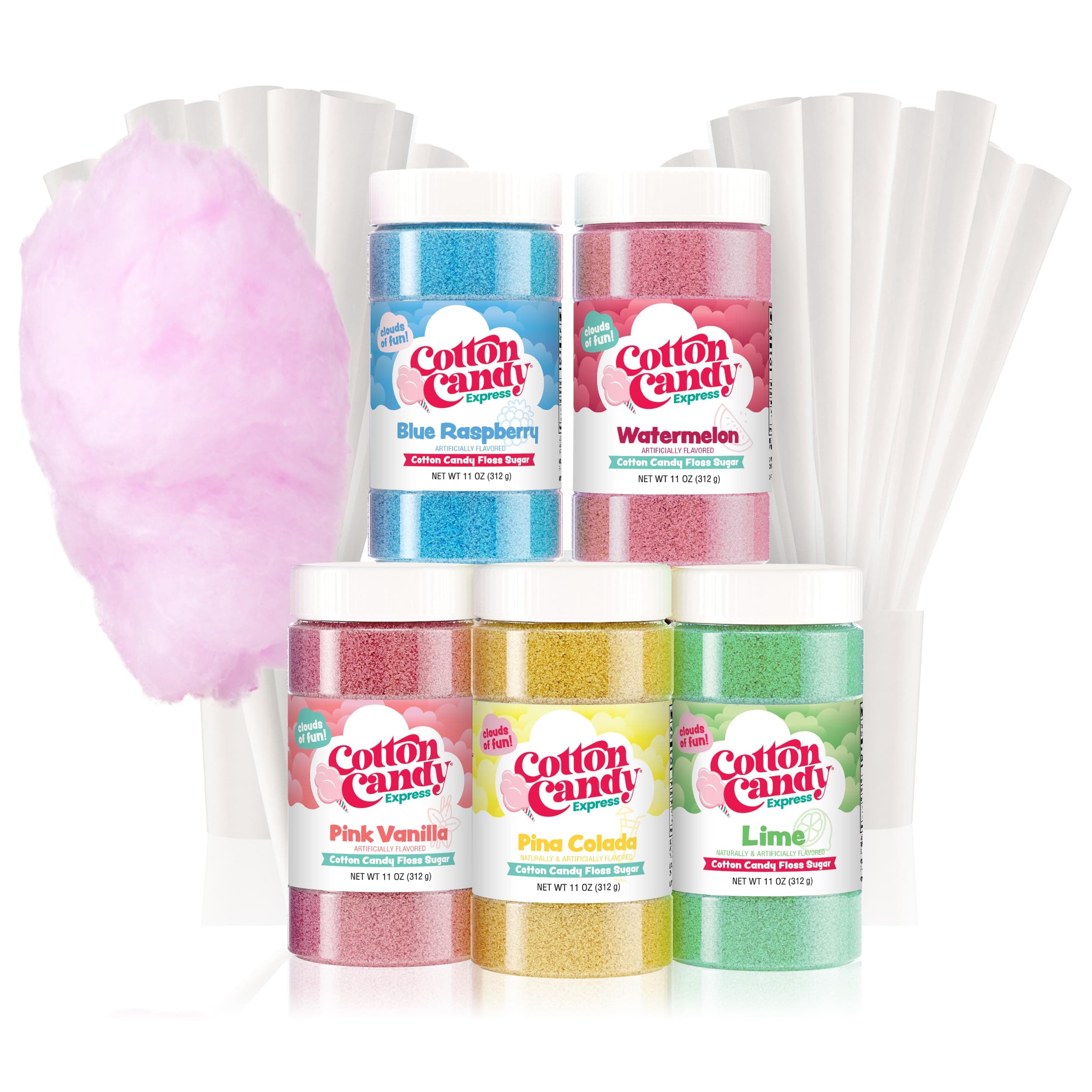 Floss Sugar Variety Pack with 5 - 11oz Plastic Jars of Lime, Watermelon, Pina Colada, Blue Raspberry, Pink Vanilla Flossing Sugars Plus 50 Paper Cotton Candy Cones