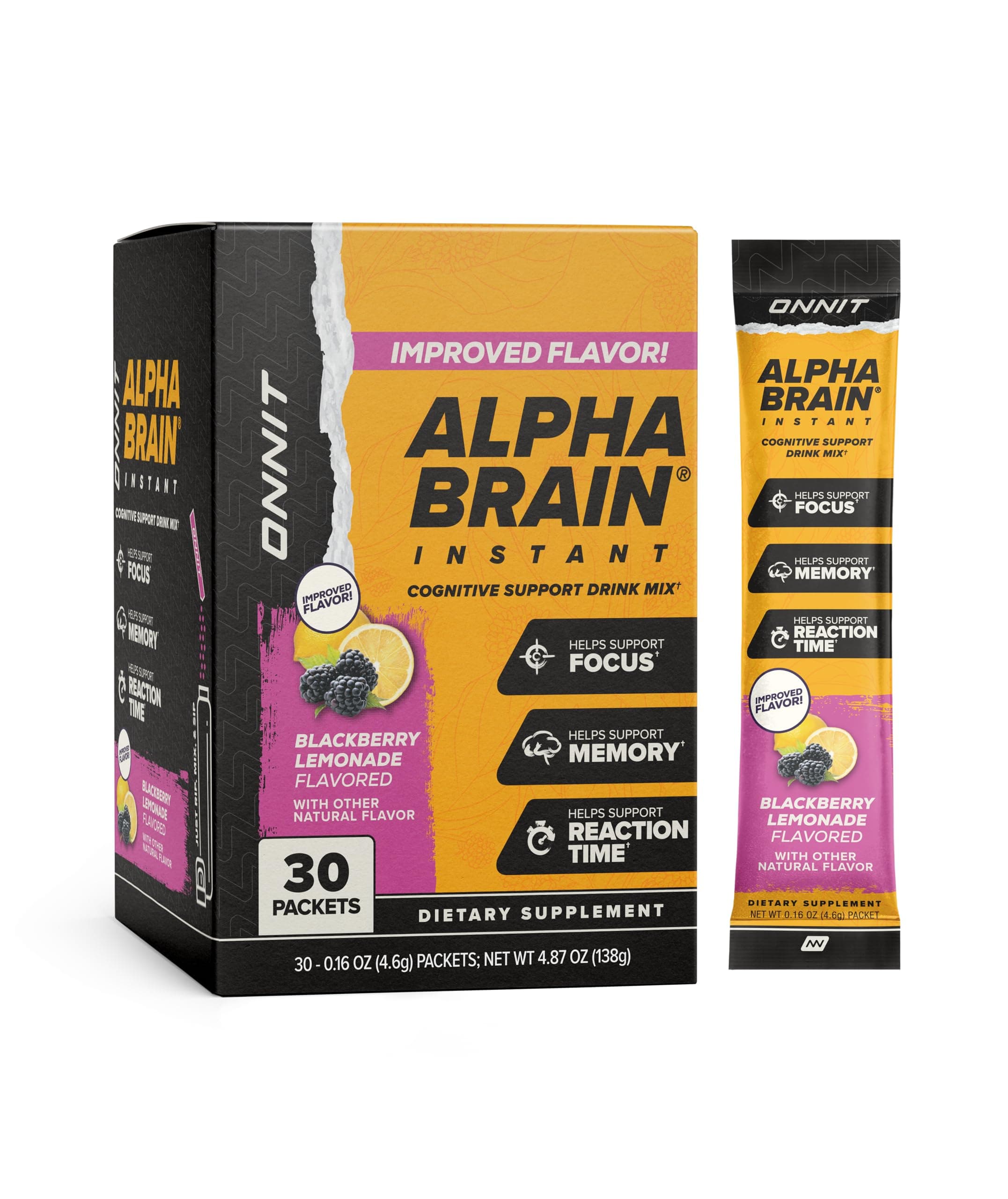 ONNIT Alpha Brain Instant Cognitive Support Drink Mix, BlackBerry Lemonade Flavor, Nootropic Supplement for Focus, Memory, and Clarity, 0.13 oz Packets, 30 Count