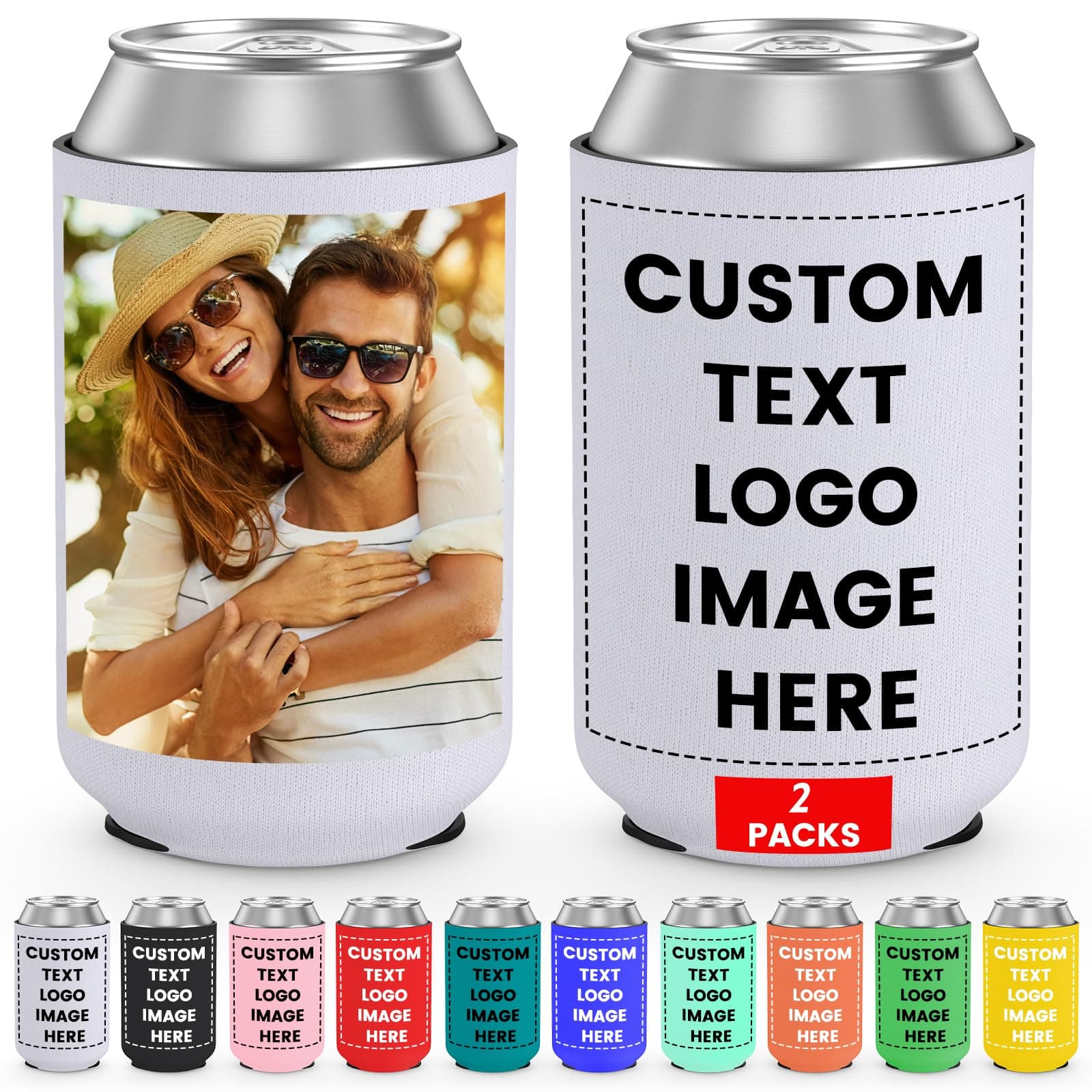 2 Pack Custom Can Cooler Sleeve Bulk Personalized Insulated Drink Can Coolers with Logo Image Text for Wedding Favors Birthday Bachelor Party Decorations