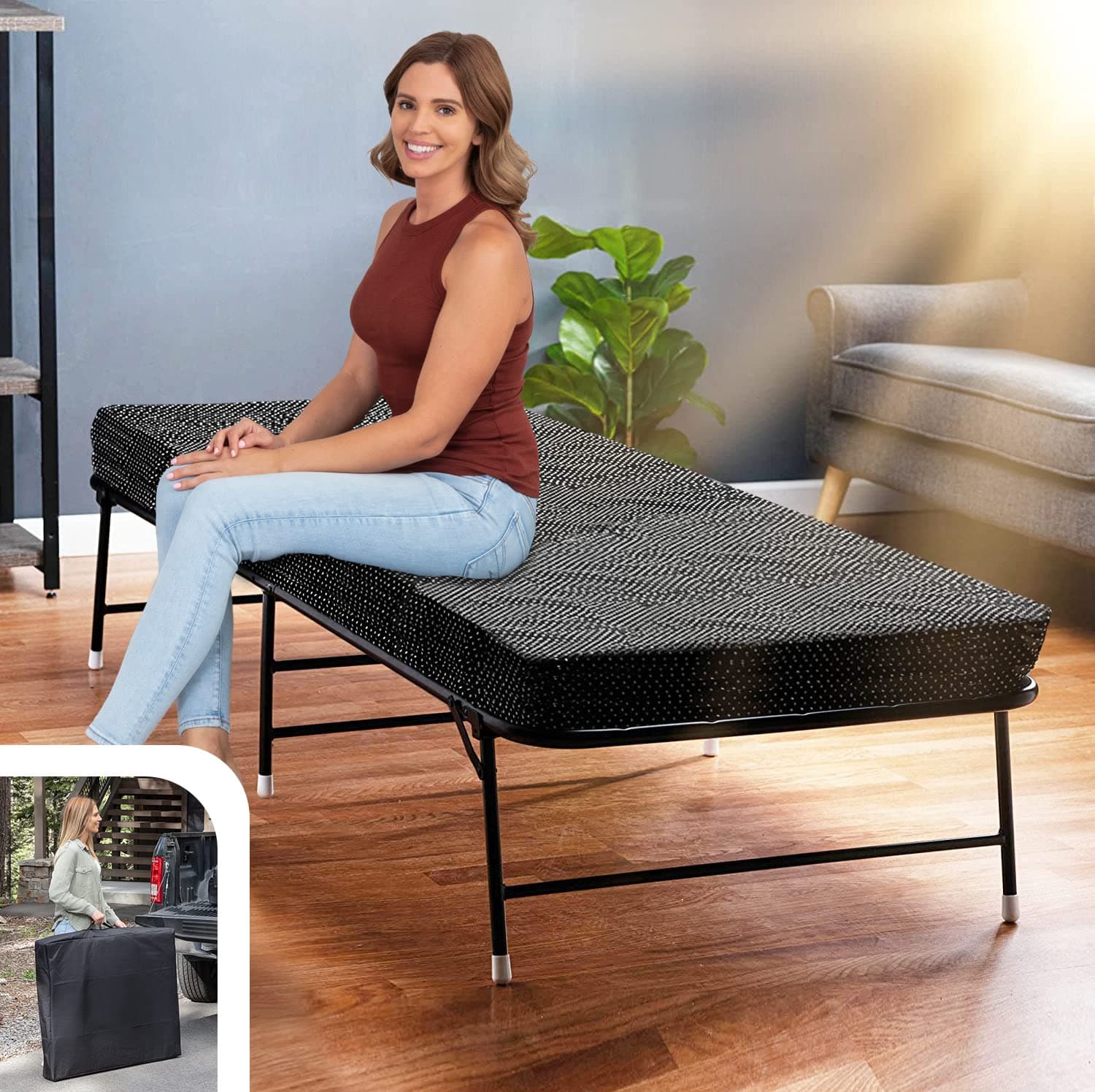 LiteBed Folding Bed with Memory Foam Folding Mattress - Portable Fold Up Bed with Carry Bag - Luxurious Foldable Bed with Frame - Foldaway Guest Bed - Cot Bed for Adults & Kids - No Assembly Required