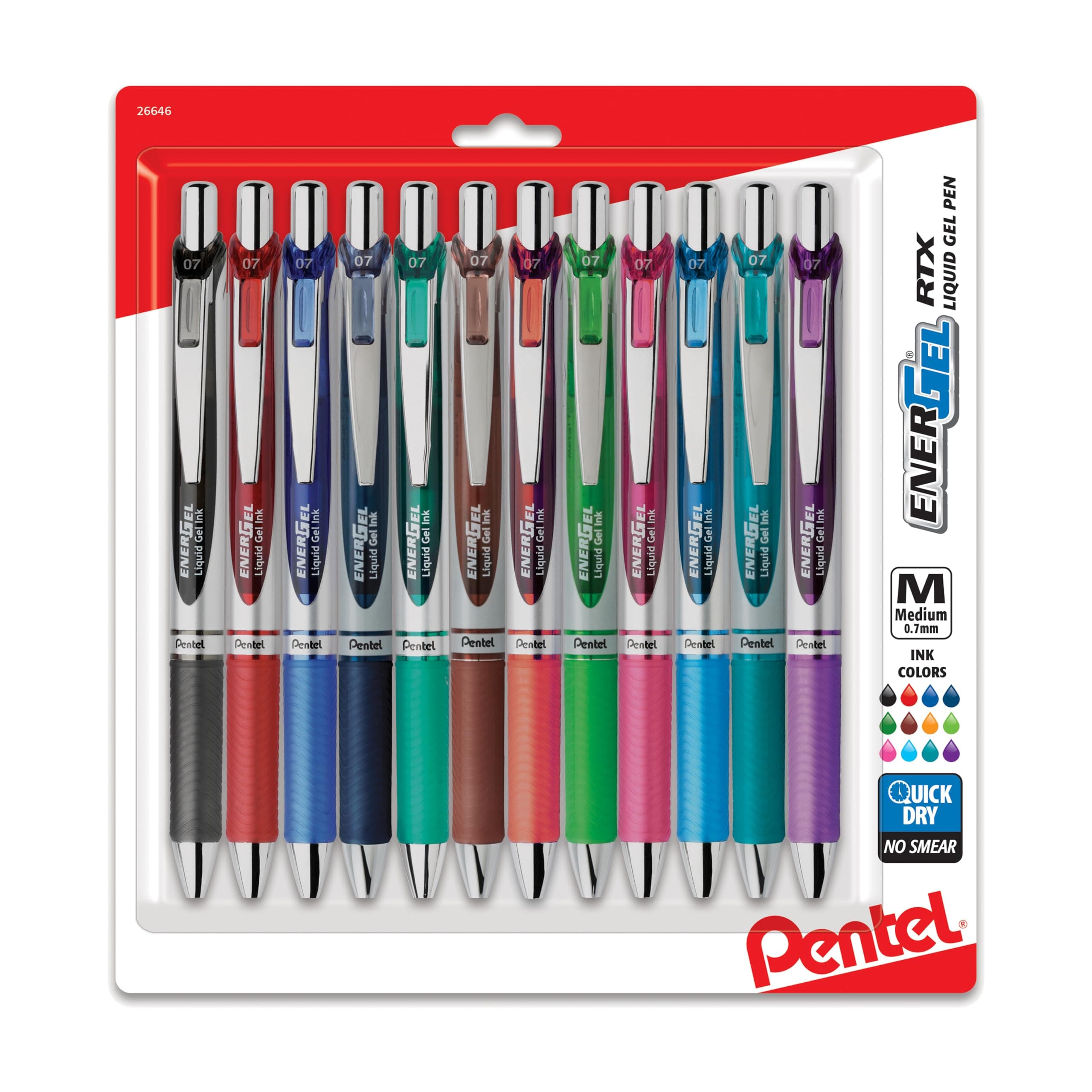 Energel Rtx Retractable Liquid Gel Pen .7Mm 12/Pkg-Assorted Ink Colors