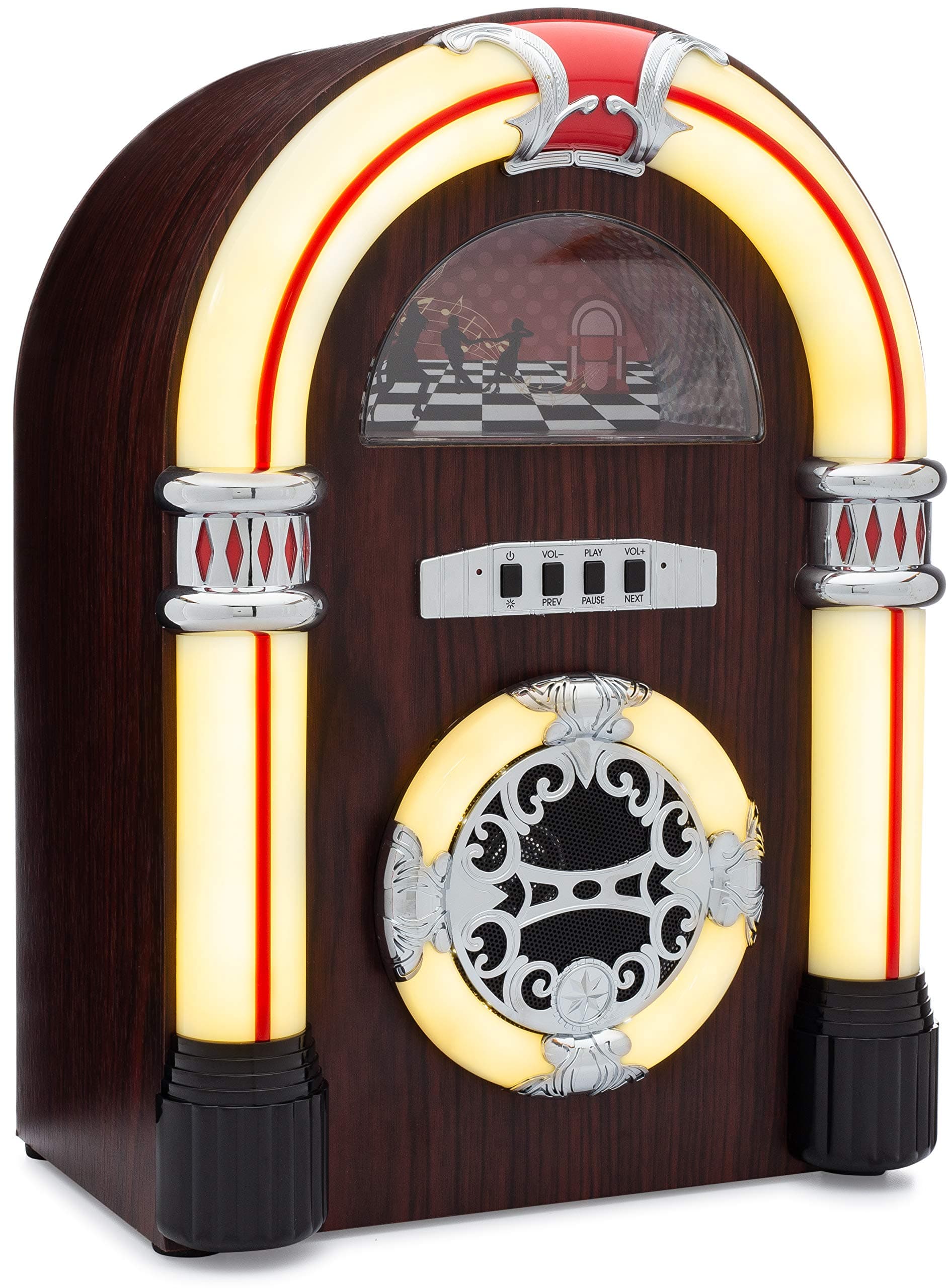 ClearClick Jukebox Bluetooth Speaker with Lights and Aux-in - Retro Style with Handmade Wooden Exterior
