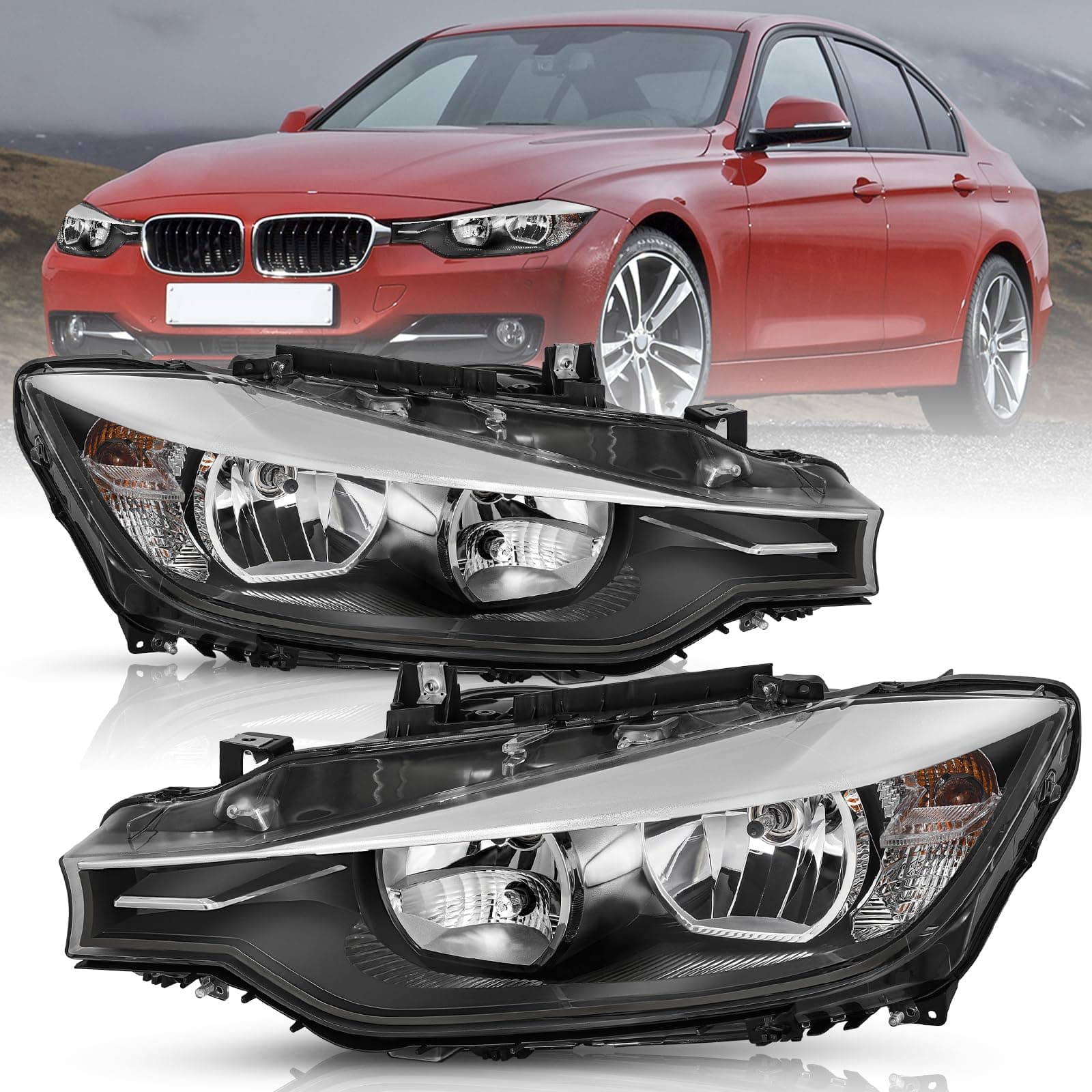 Headlight Assembly Compatible With 2012-2015 BMW 3- Series 320i 328i 335i [Halogen Model],12 13 14 15 BMW 3-Series F30 Headlamp Replacement Left Driver+Right Passenger Side