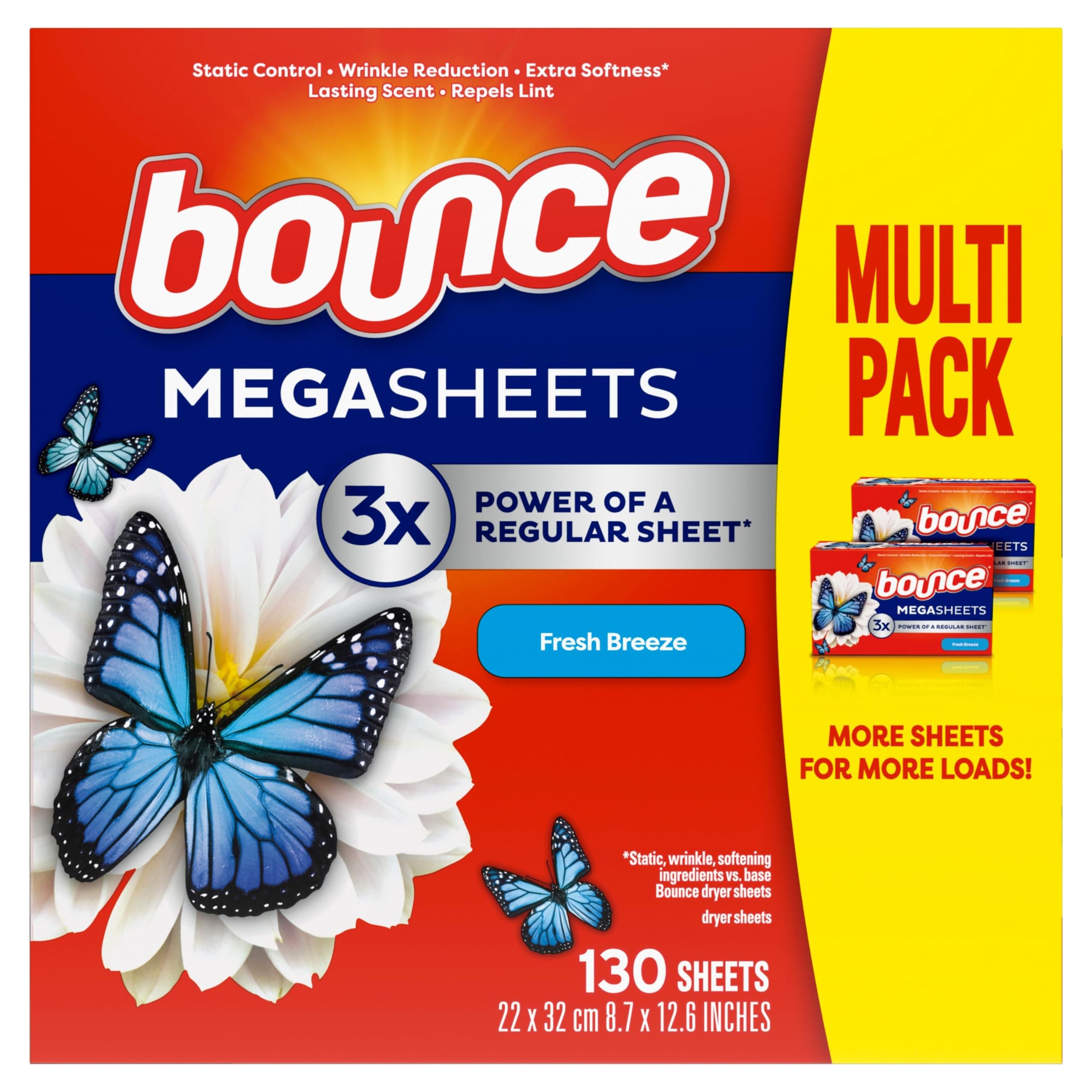 Mega Dryer Sheets, Fresh Breeze, 130 Count, Mega Fabric Softener Sheets with Static Control, Wrinkle Reduction, Extra Softness, Lasting Scent, Repels Lint
