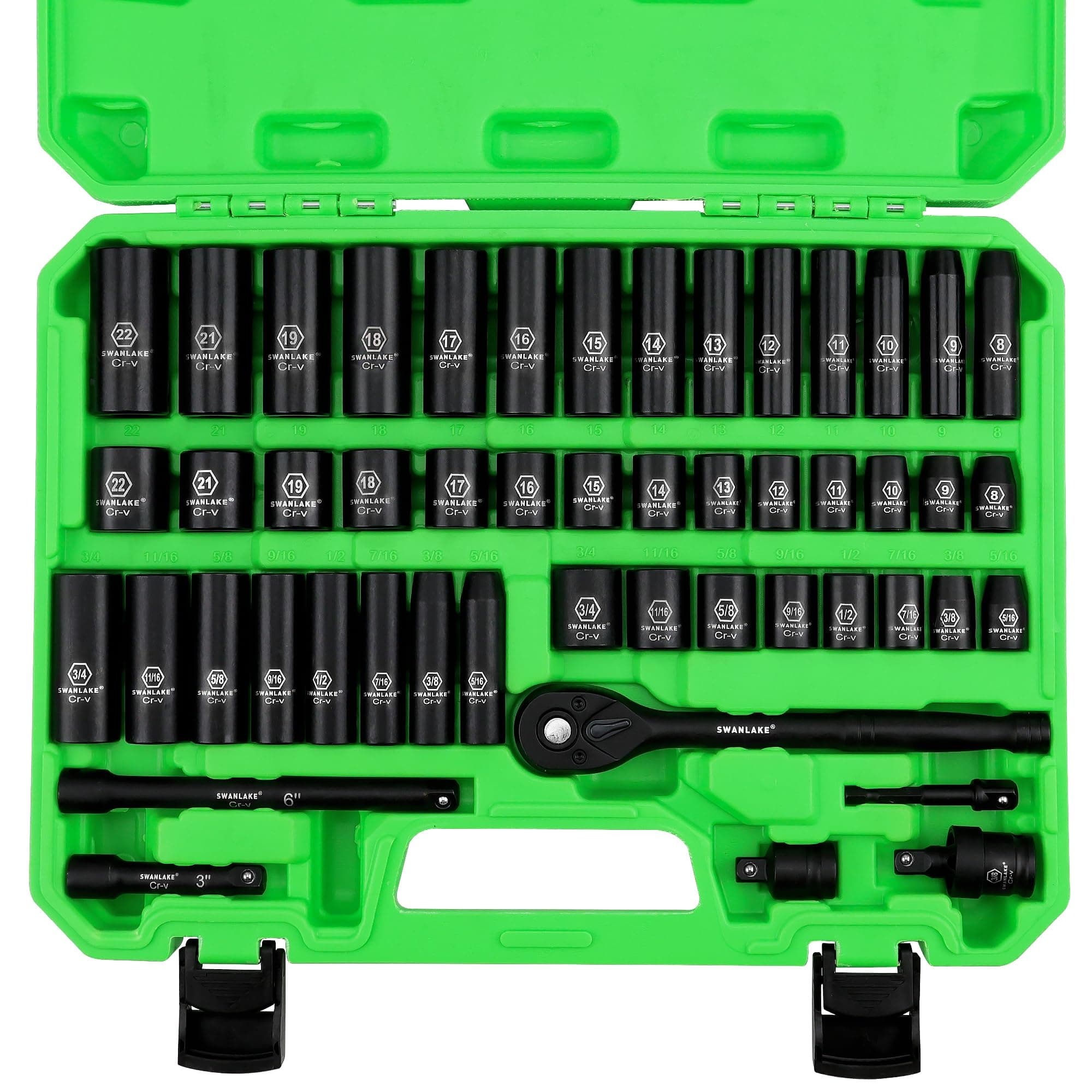 SWANLAKE 3/8'' Drive Impact Socket Set, 50-Piece Standard SAE (5/16 to 3/4 inch) and Metric (8-22mm) Size, 6 Point, Cr-V, 3/8-Inch Ratchet Handle, Extension Bar, Universal Joint