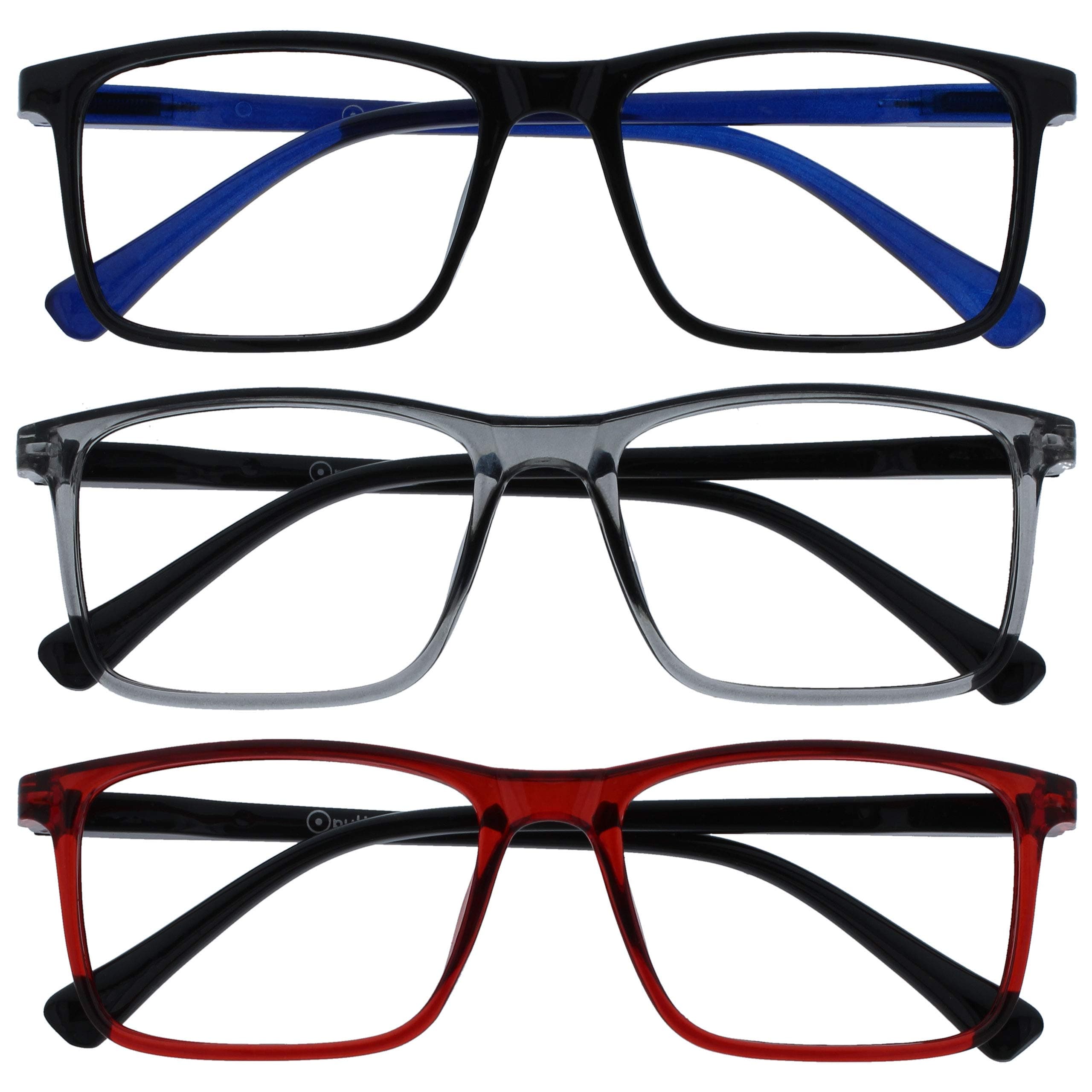 OPULIZE INK Reading Glasses -3 Pack- Large Rectangular Frame - Spring Hinges - Scratch Resistant - Black Grey Red - Mens Womens +3.00