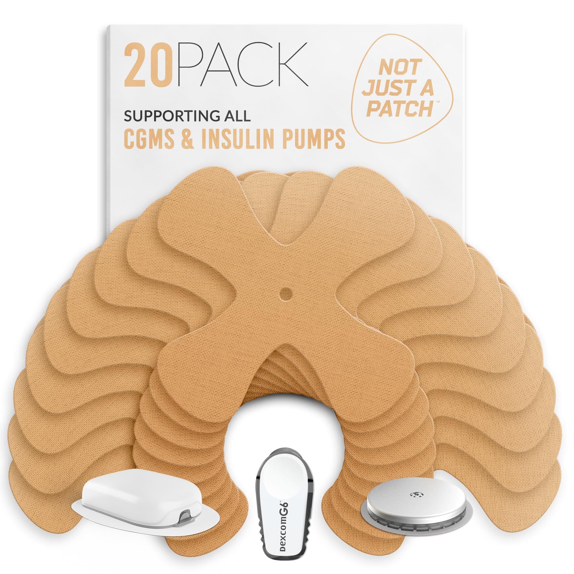 X-Patch CGM Sensor Patches (20 Pack) - Water Resistant Omnipod 5 Adhesive Patches - Durable for Active Lifestyle for 10-14 Days - Compatible with Dexcom G6, Libre 2 in Beige