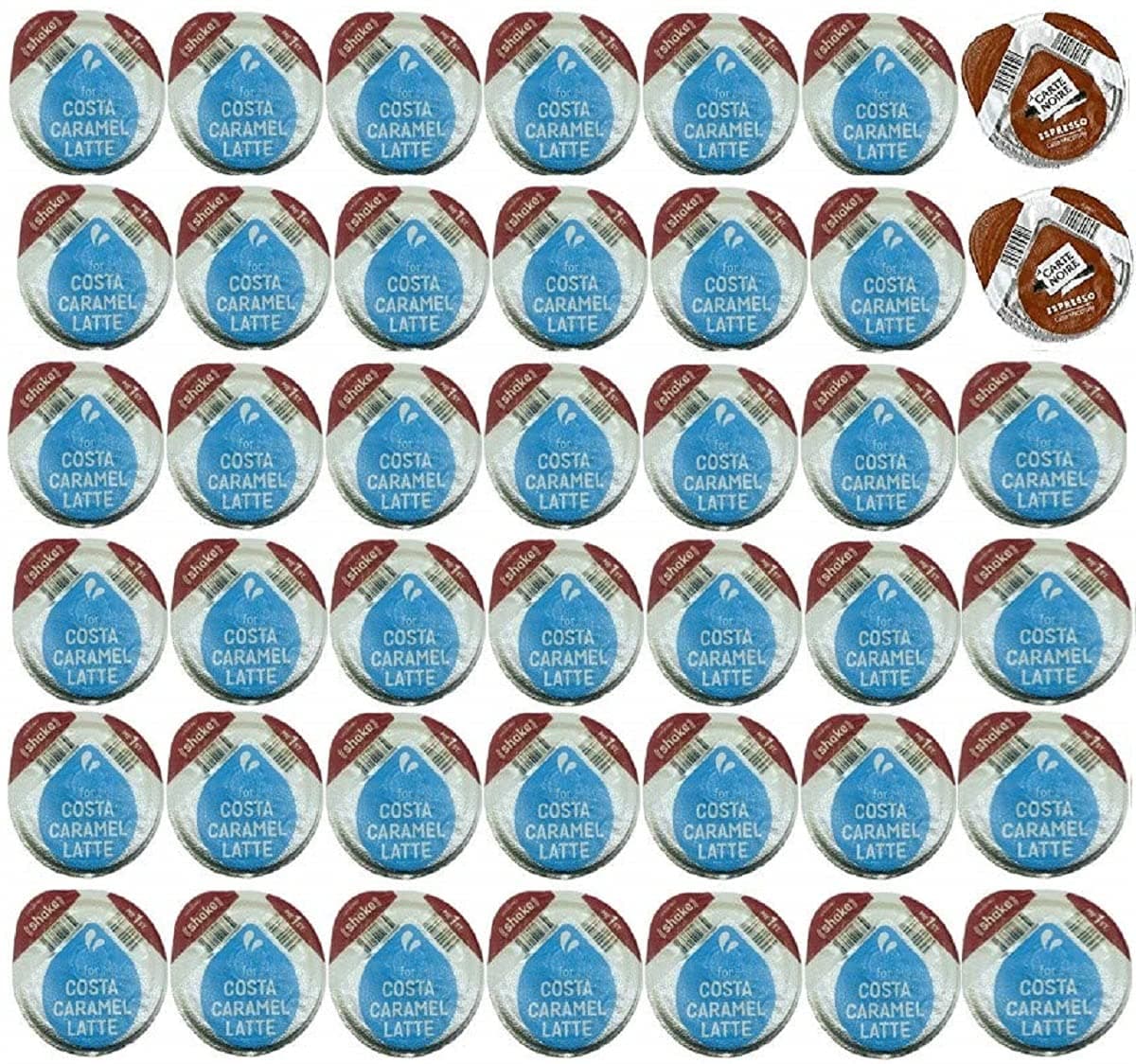 48 x Tassimo Costa Caramel Milk T-discs ONLY + 2 x Carte Noire Latte Coffee Pods, Sold Loose