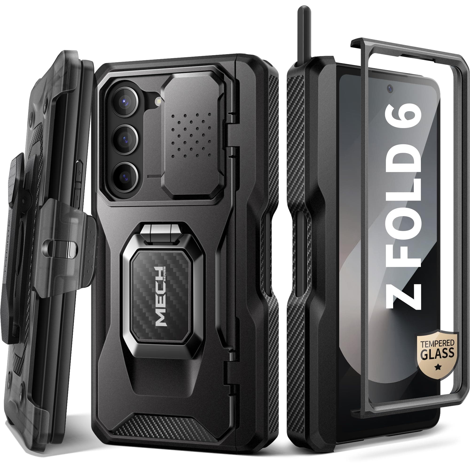 Tongate for Z Fold 6 Case with Ring Stand, Built-in S Pen Holder & HD Glass Screen Protector Rugged Z6 Phone Case with Slide Camera Cover & Belt Clip for Samsung Galaxy Z Fold 6 2024, Black HD Film