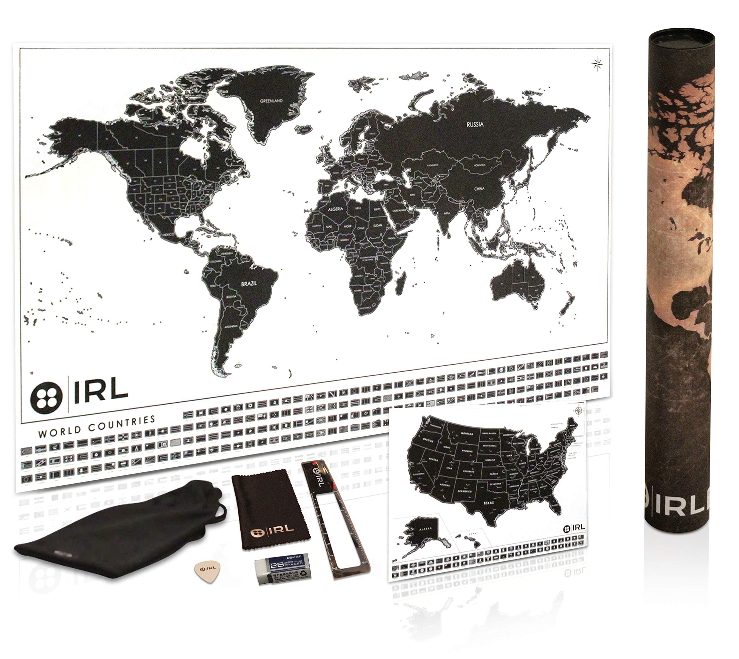 Scratch Off Map of The World | Extra Large World Map + Country Flags 35 x 21 | Black & White Revealing Vibrant Under Colors | Premium Quality Easy Scratch Off Foil | Bonus Map of USA Free!