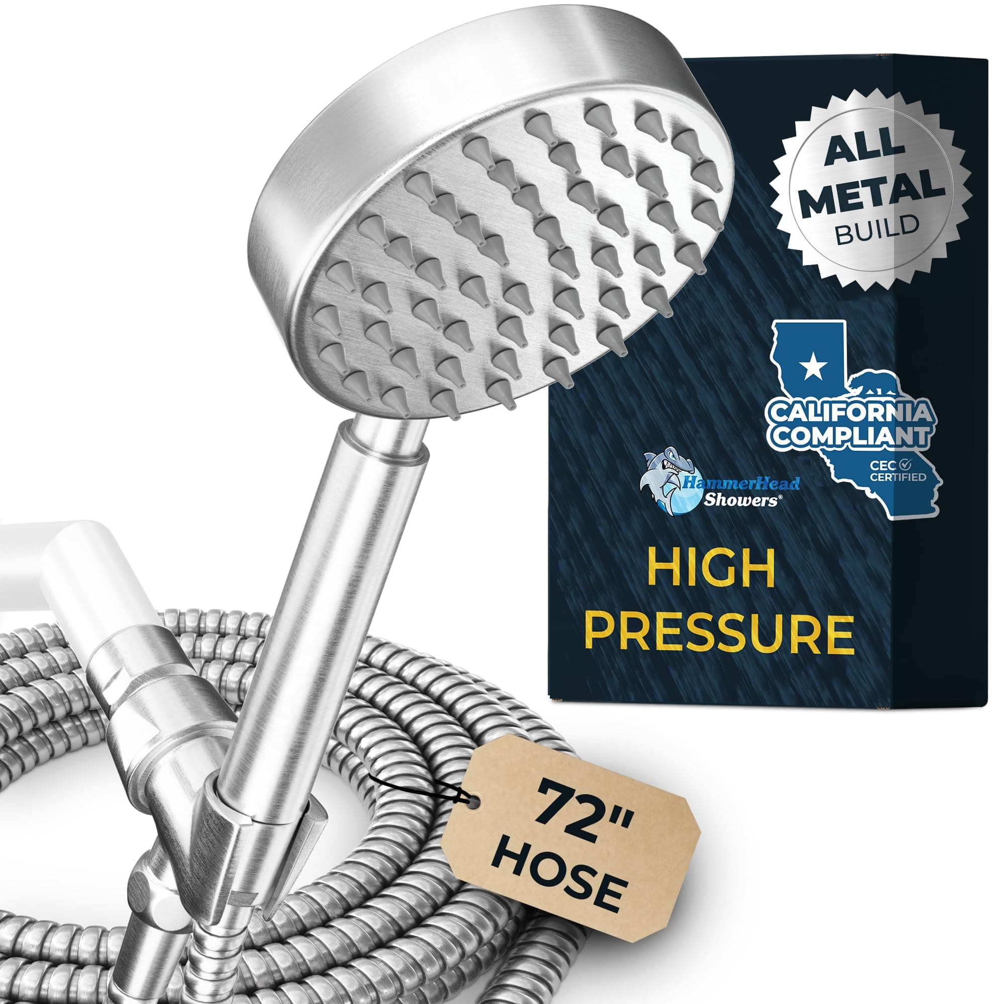 Solid Metal LOW FLOW Handheld Shower Head with Hose and Brass Holder - BRUSHED NICKEL – Water Saving 1.75 GPM Detachable Shower Head - Adjustable Shower Wand Bracket & 6ft Hose