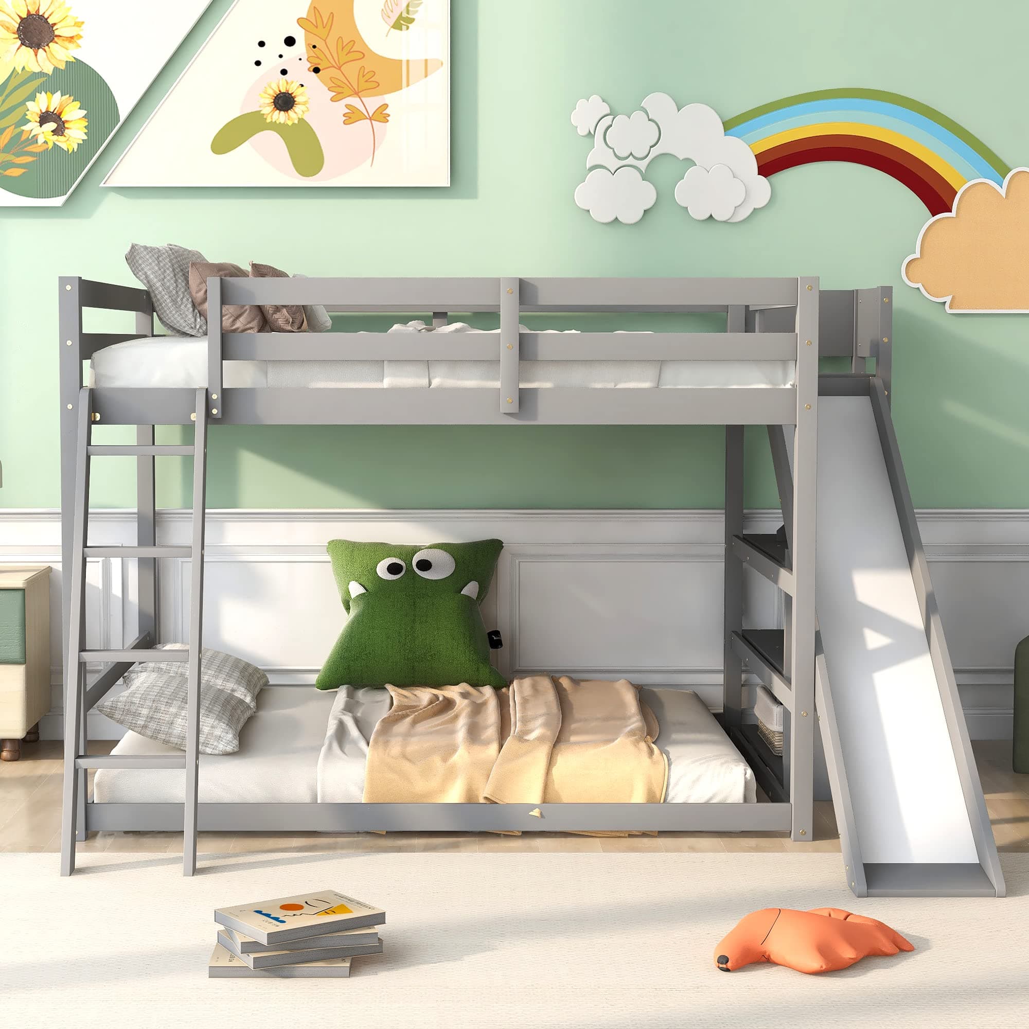 Harper & Bright Designs Full Over Full Bunk Bed with Slide, Bookshelves and Ladders, Solid Wood Floor Bunk Loft Bed Frame for Kids Girls Boys (Gray)