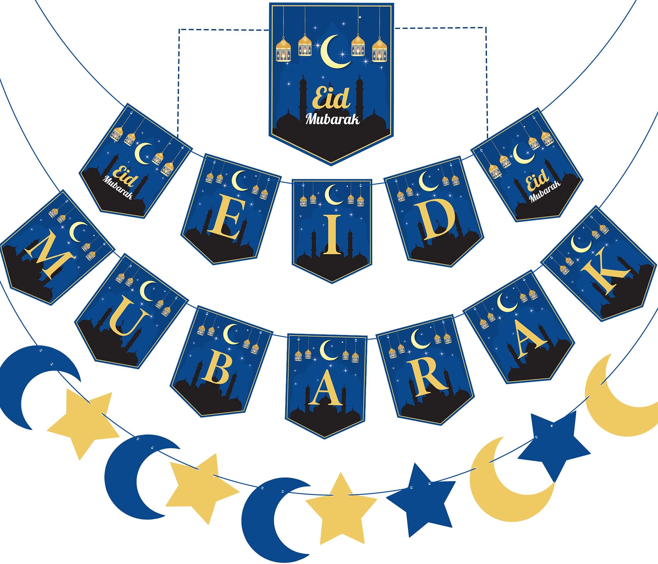 Funnlot Eid Mubarak Banner Eid Mubarak Decorations Eid Mubarak Bunting Garland Eid Decorations for Home Office Eid Banner Blue 3 Pack…