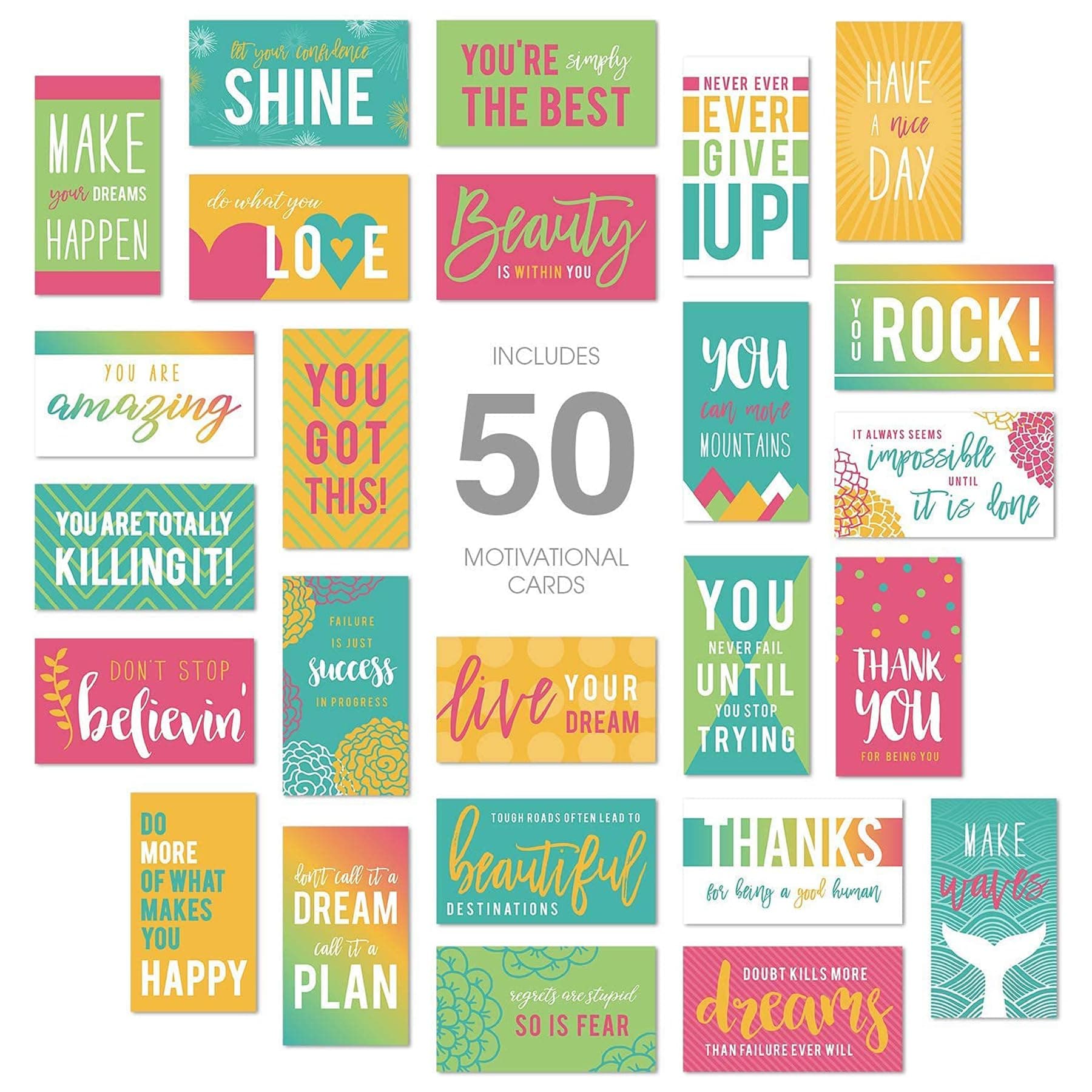 Canopy Street Motivational Quote Cards / 2" x 3.5" Inspirational Flat Business Cards / 50 Mini Kindness Cards / 25 Uplifting Designs/Encouraging Reward Cards