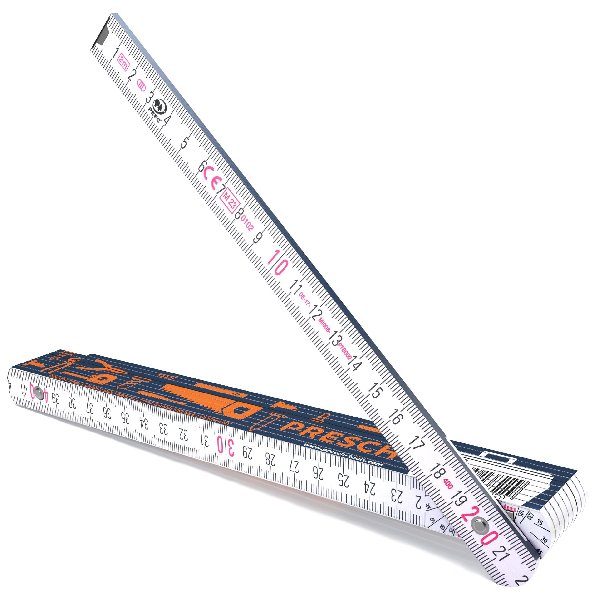 Presch Folding rule 2m with angle scale | Wood | Blue | Foldable | Large & highly legible numbers | Precise snapping | Meter stick, carpenters rule, folding ruler 2m, joiners rule with tool pattern