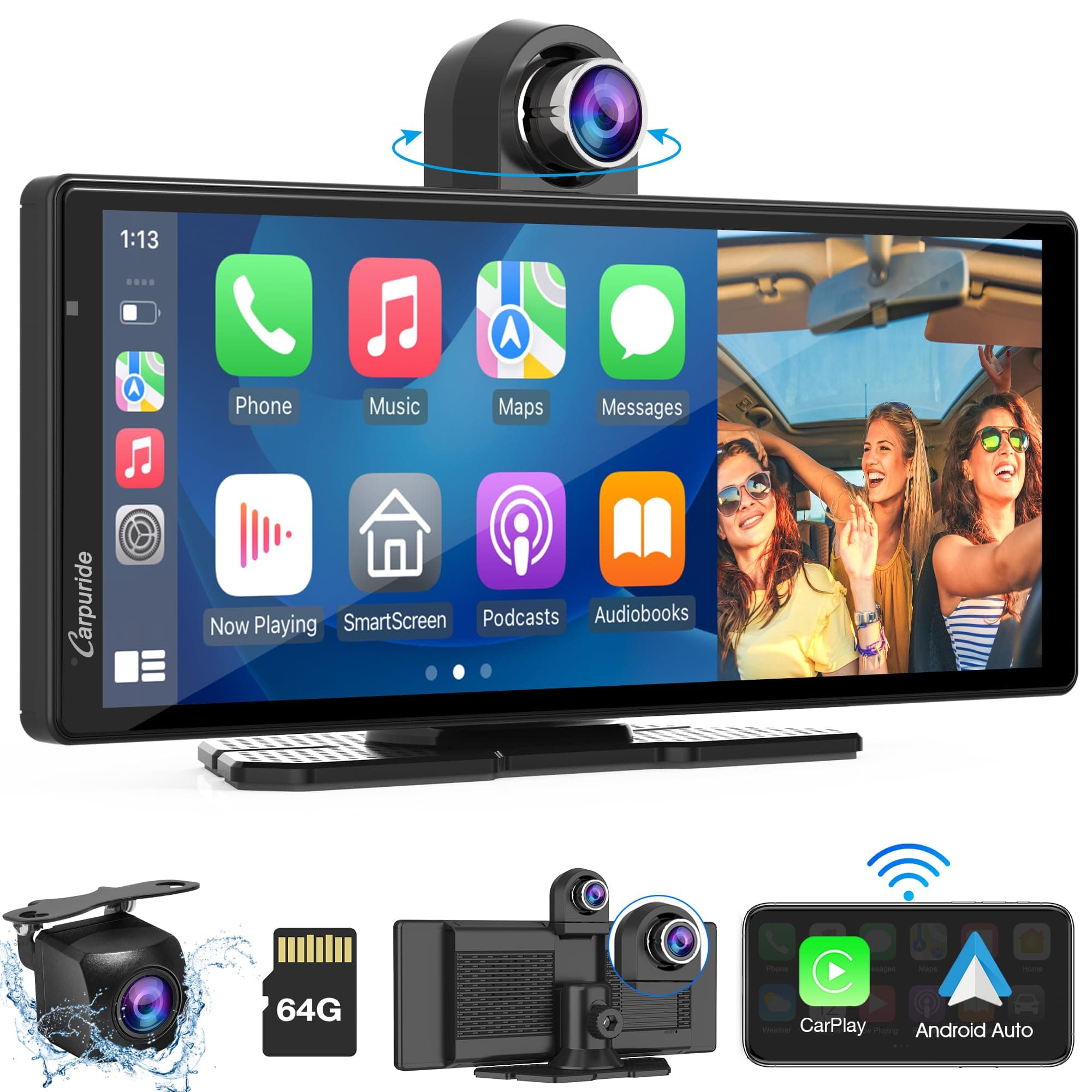 W903 Portable Carplay & Android Auto with Dash Cam - 9.3" HD IPS Screen, 4K Front &1080P Rear Cam, Loop Recording, Bluetooth, Mirror Link, GPS, Siri, Dashboard Mounted