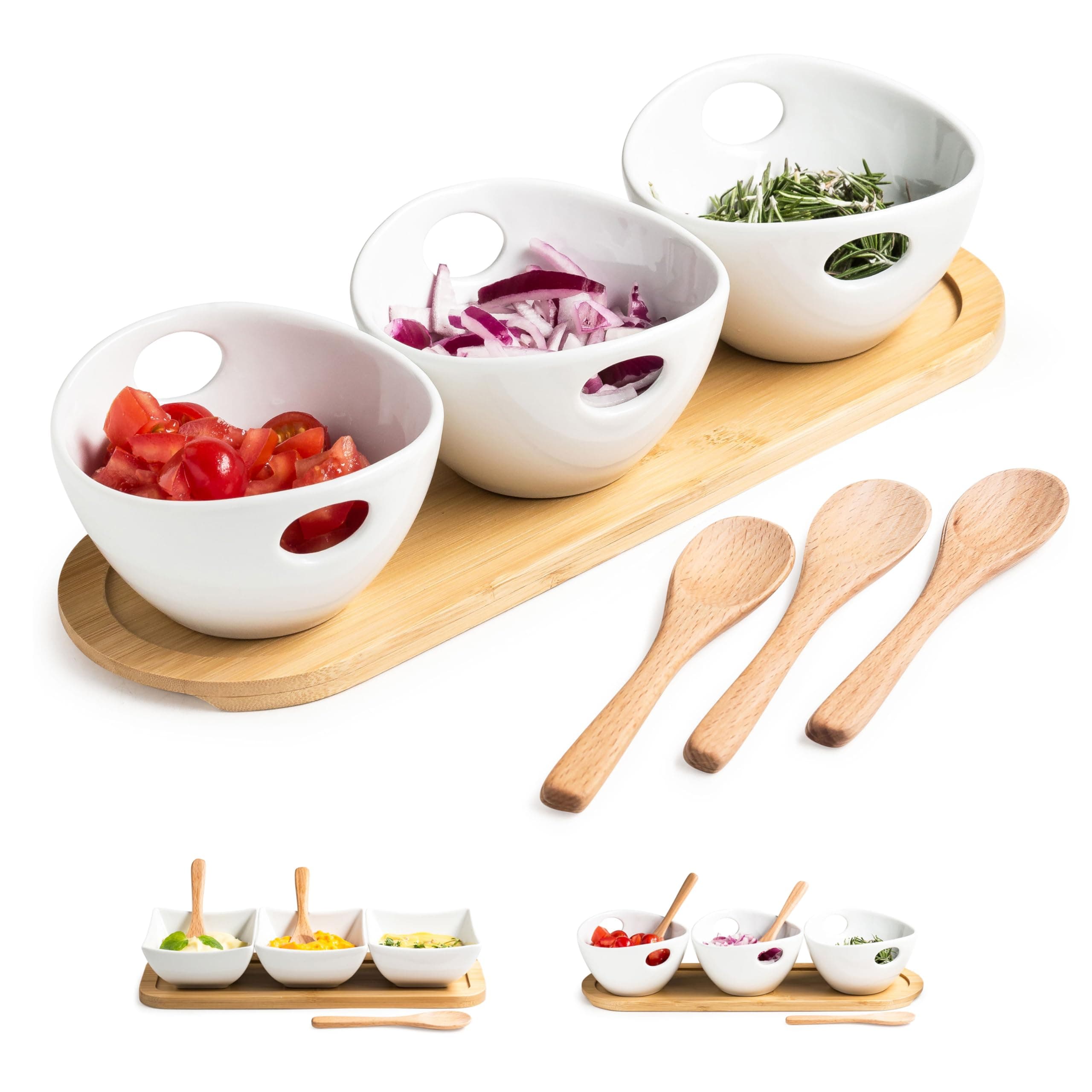 Chip and Dip Serving Set, Dipping Sauce Bowls Divided Serving Dishes with Wooden Spoons, Ceramic Dip Bowl Display Serving Tray for Party Dinner Entertaining