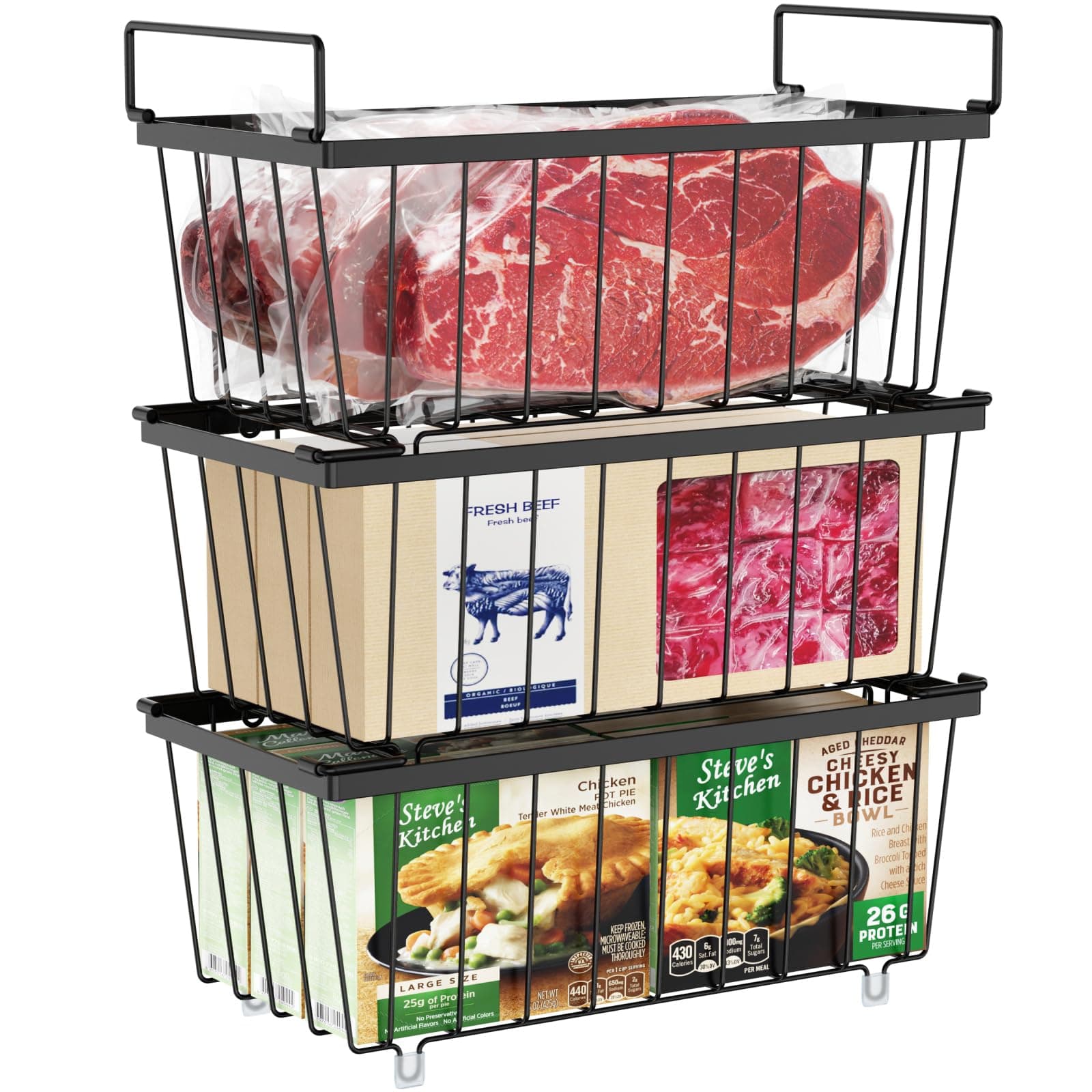 iSPECLE Chest Freezer Basket - 3 Pack Small Stackable Freezer Bins for Most 7 Cu.FT Deep Freezer Sort Frozen Food, Deep Freezer Organizer Bins with Handles Easy to Get Food from Bottom, Black