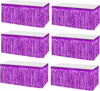 6 Pack 29x108 Inch Metallic Foil Fringe Tinsel Table Skirts Banner for Rectangle Tables Streamer Garland Curtains Backdrop for Wedding, Birthday, Parade Floats, Halloween Party Decoration(Purple)