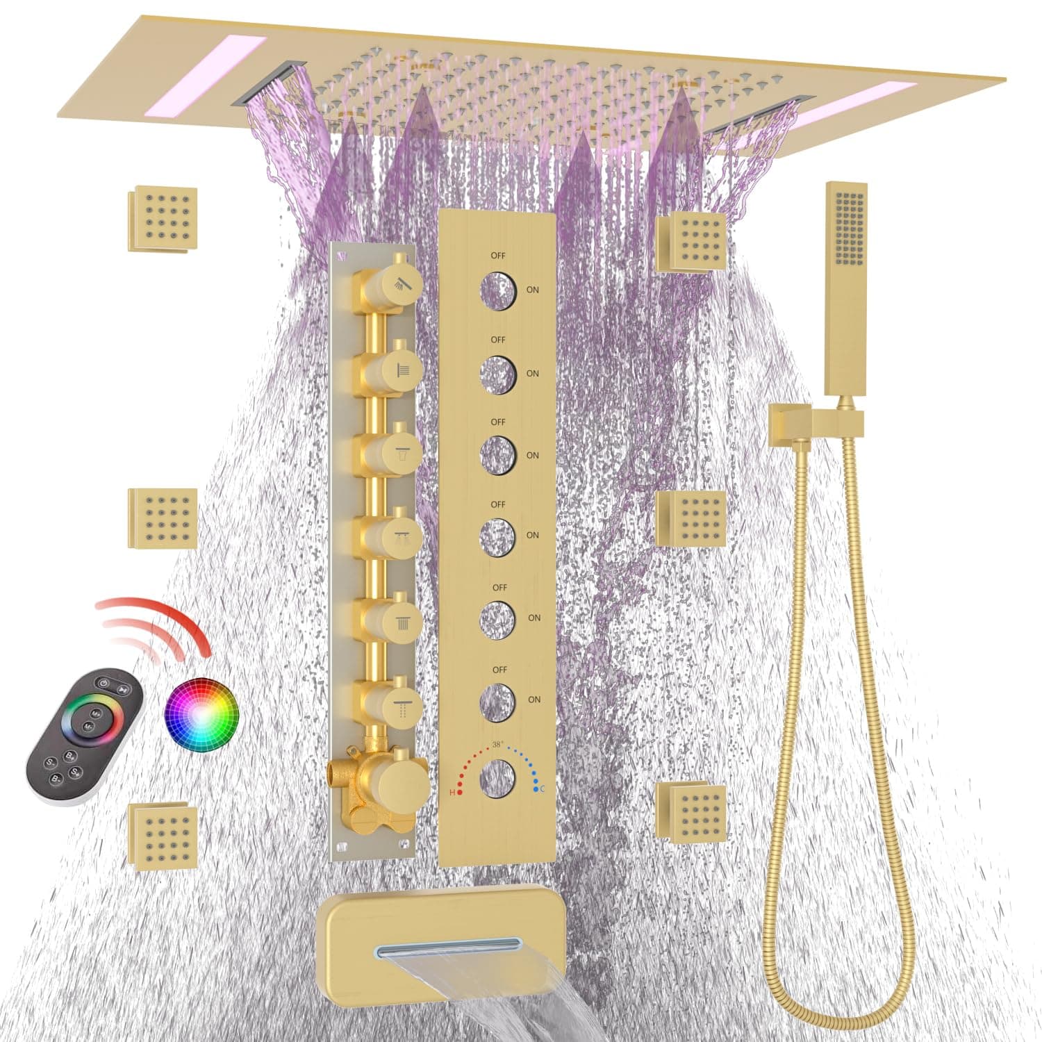 LED Full Body Rain Shower System with 6pcs Body Jets Spray with（Up/Down ）Shower Spout, Large 3 In 1 Functions 14x20inch Showerhead, Rainfall Mist Shower Faucet Set Complete, Brushed Gold