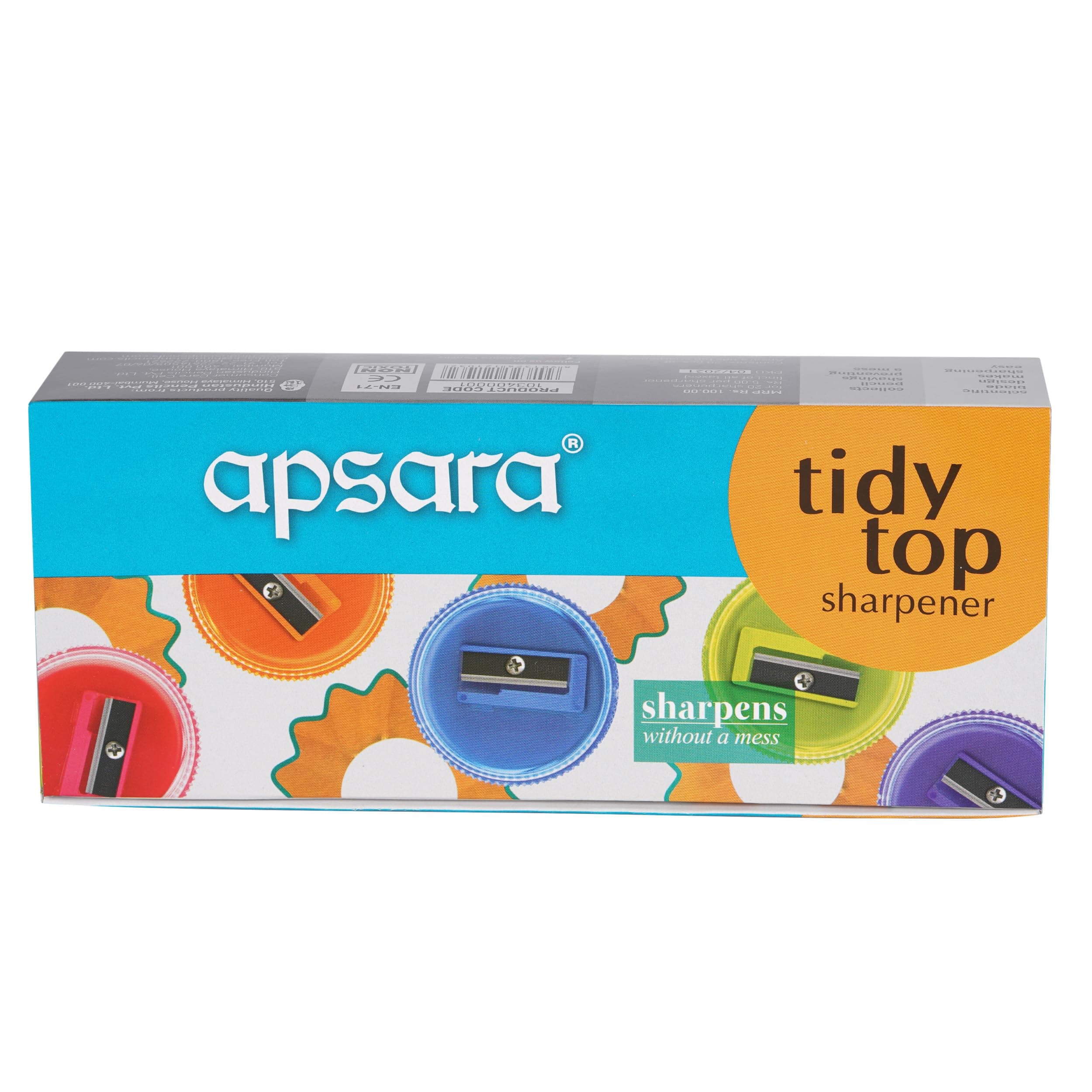 Apsara Tidy Top Sharpener | Round Shape | Mess-Free | Transparent Lid | Comfortable Grip for Easy Holding | Smooth Sharpening | Attractive Colours | Rust Free | Pack of 20 Sharpeners