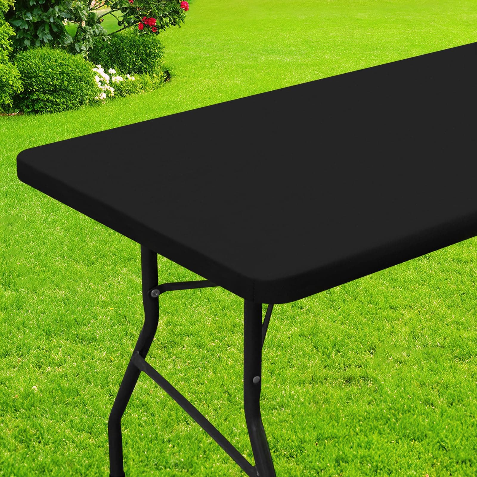 Smiry Rectangle Table Cloth, Waterproof Elastic Fitted Tablecloths for 6 Foot Tables, Washable Polyester Table Cover for Picnic, Camping, Outdoor (Black, 30"x72")