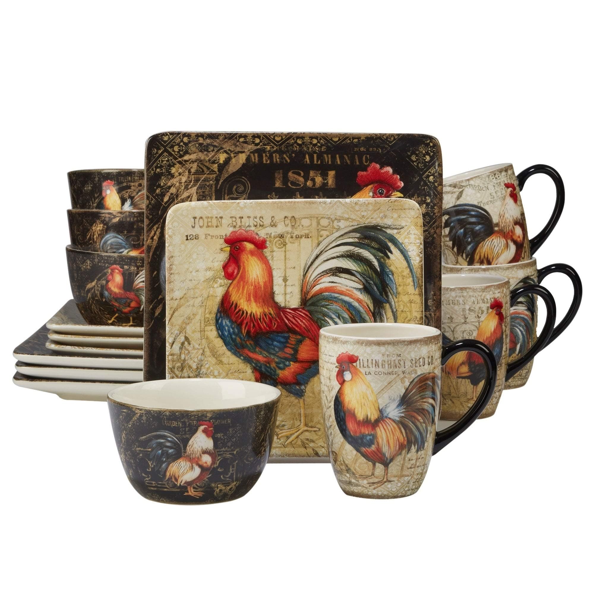 Gilded Rooster 16-Piece Dinnerware Set Black Blue Red Ceramic 16 Piece Dishwasher Safe Microwave