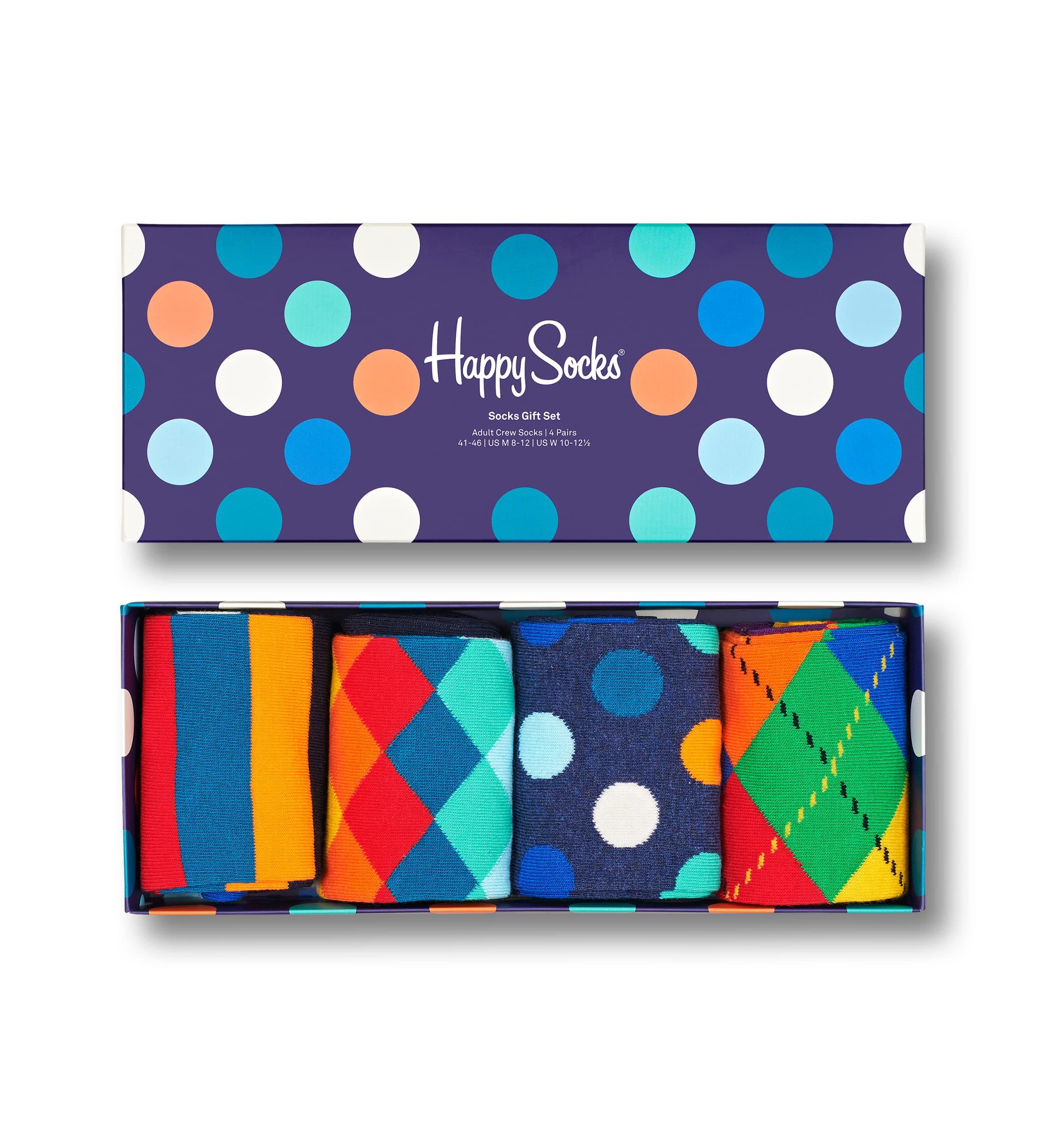 Happy Socks 4-Pack Multi-Color Gift Set, colorful and fun, Socks for Men and Women, Navy-White-Blue-Turquoise-Orange (10-13)