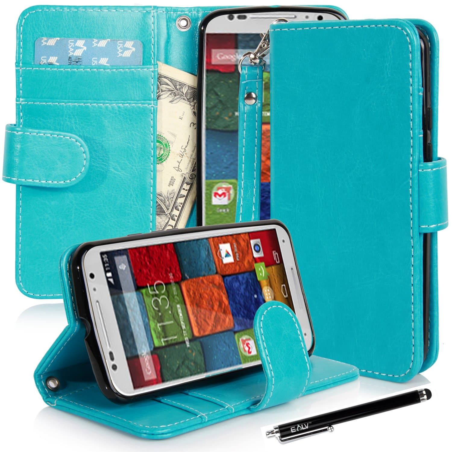 Moto X case, Moto X (2nd Gen.) Case, E LV Motorola Moto X+1 Flip Case Cover - Deluxe PU Leather Flip Wallet Case Cover for Moto X 2nd Generation Case with 1 E LV Stylus - [TURQUOISE]