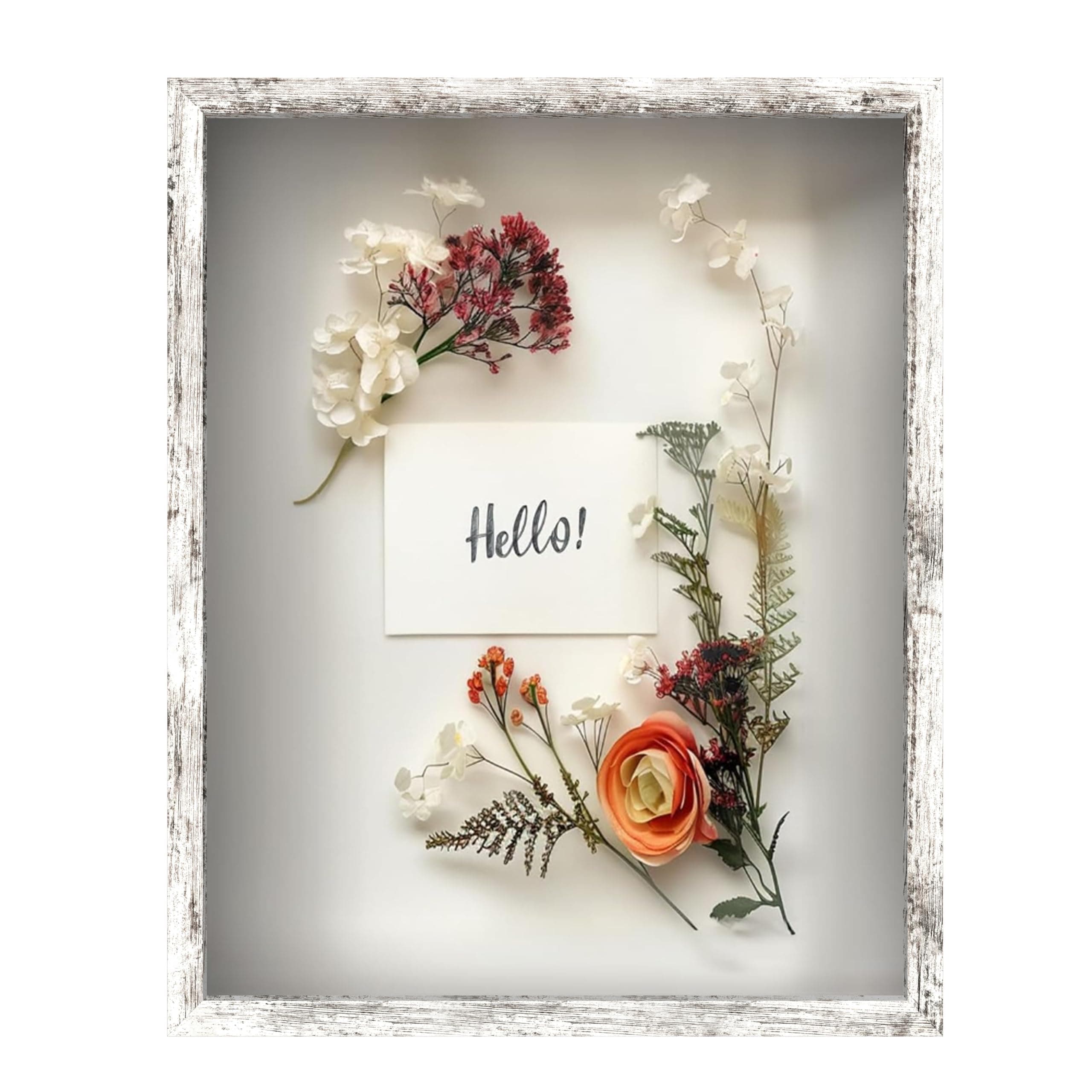 FrameWorks 16" x 20" White Driftwood Wooden Shadow Box Frame – Soft Felt Back, Tempered Glass, and Included Elegant White Ball Push Pins