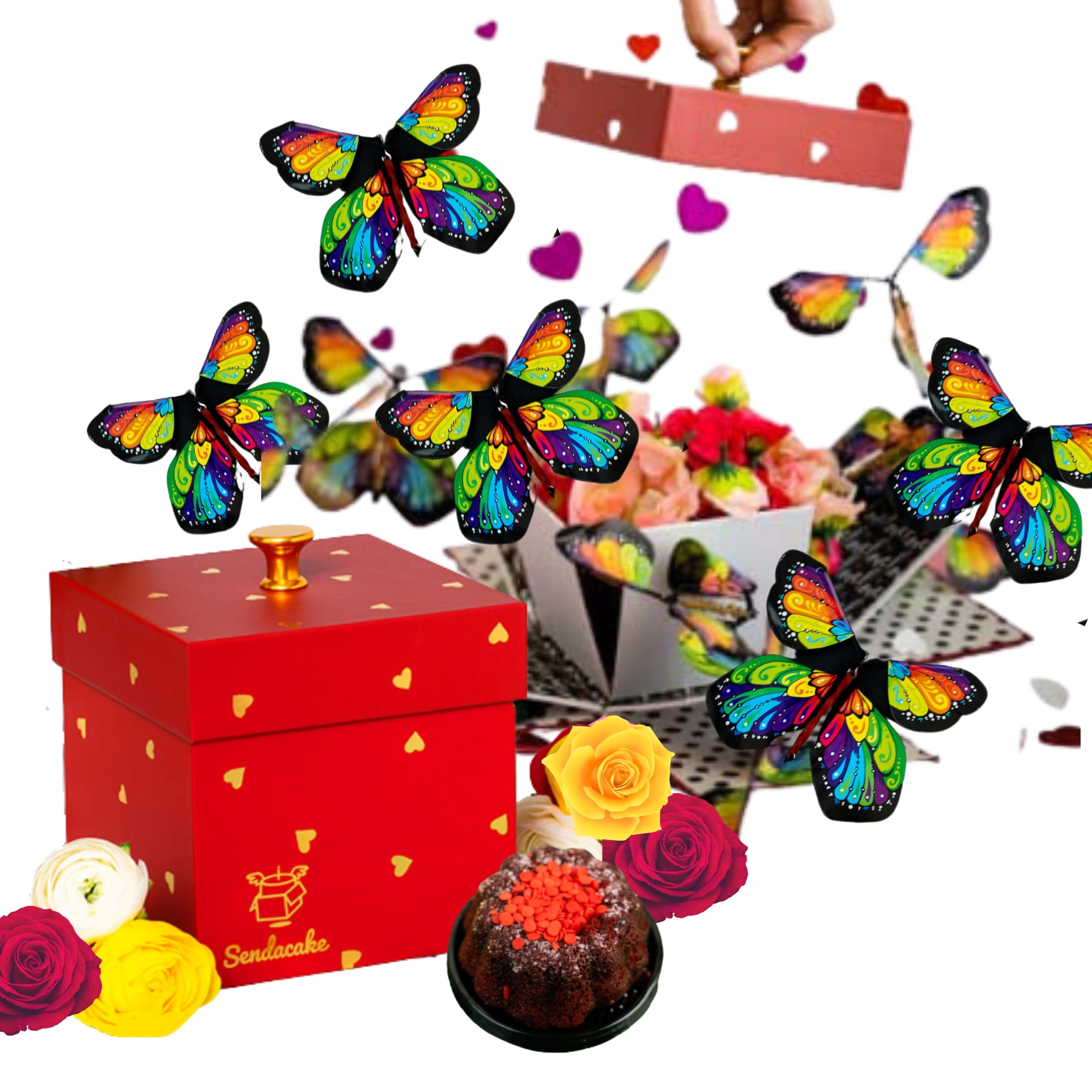 Love Butterfly Explosion Gift Box by Send A Cake – Flying Butterfly Surprise with Flower Shower & Red Velvet Mini Bundt Cake – Ready to Gift Fun Romantic Birthday Surprise Gift for Women, Men, Mom, Dad, Friends & Kids