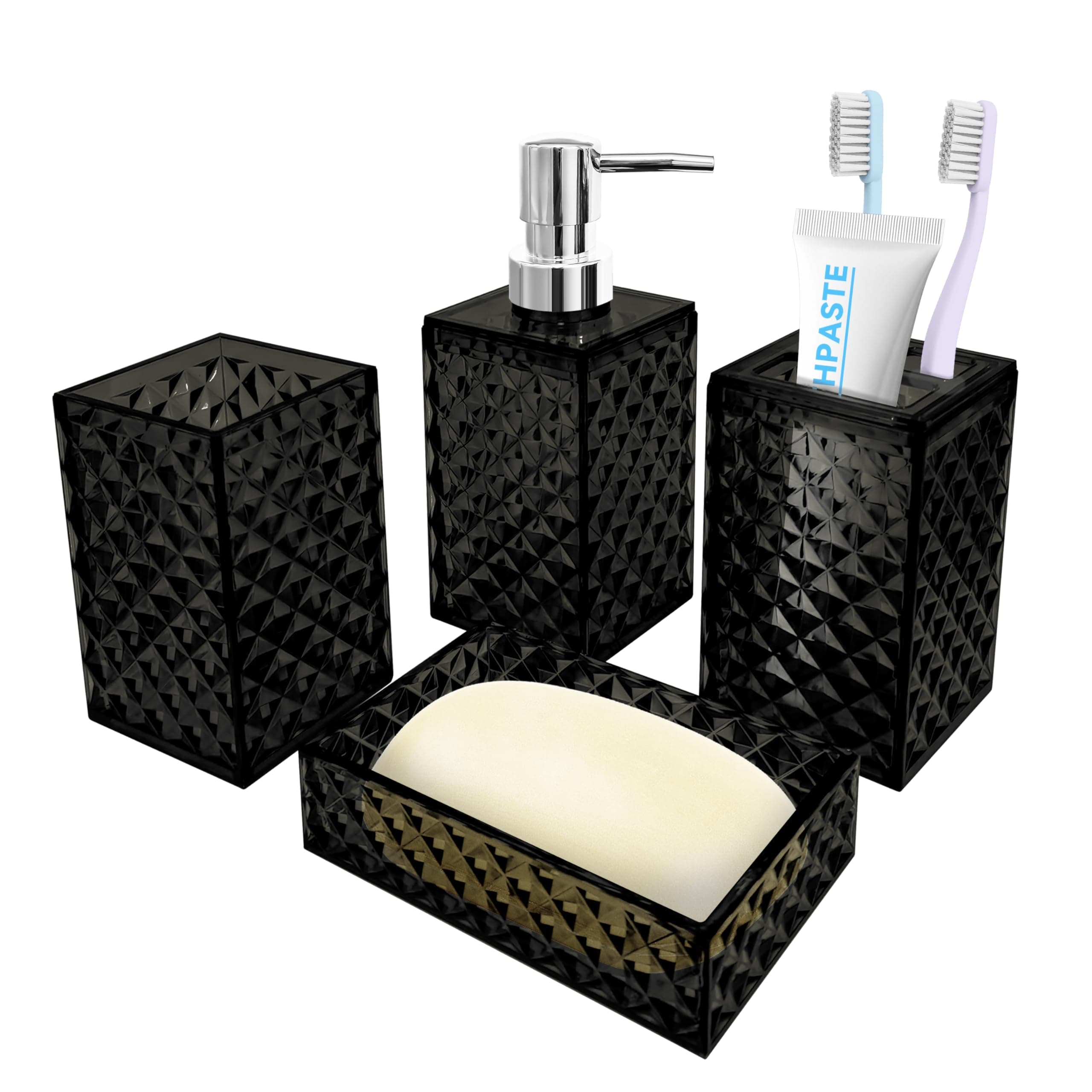 Bathroom Accessory Set, 4 PCS Black Bathroom Accessories Set, Soap Dispenser and Toothbrush Holder Set, Soap Dish and Mouthwash Cup, Boho Bathroom Decor, Bathroom Sets Accessories