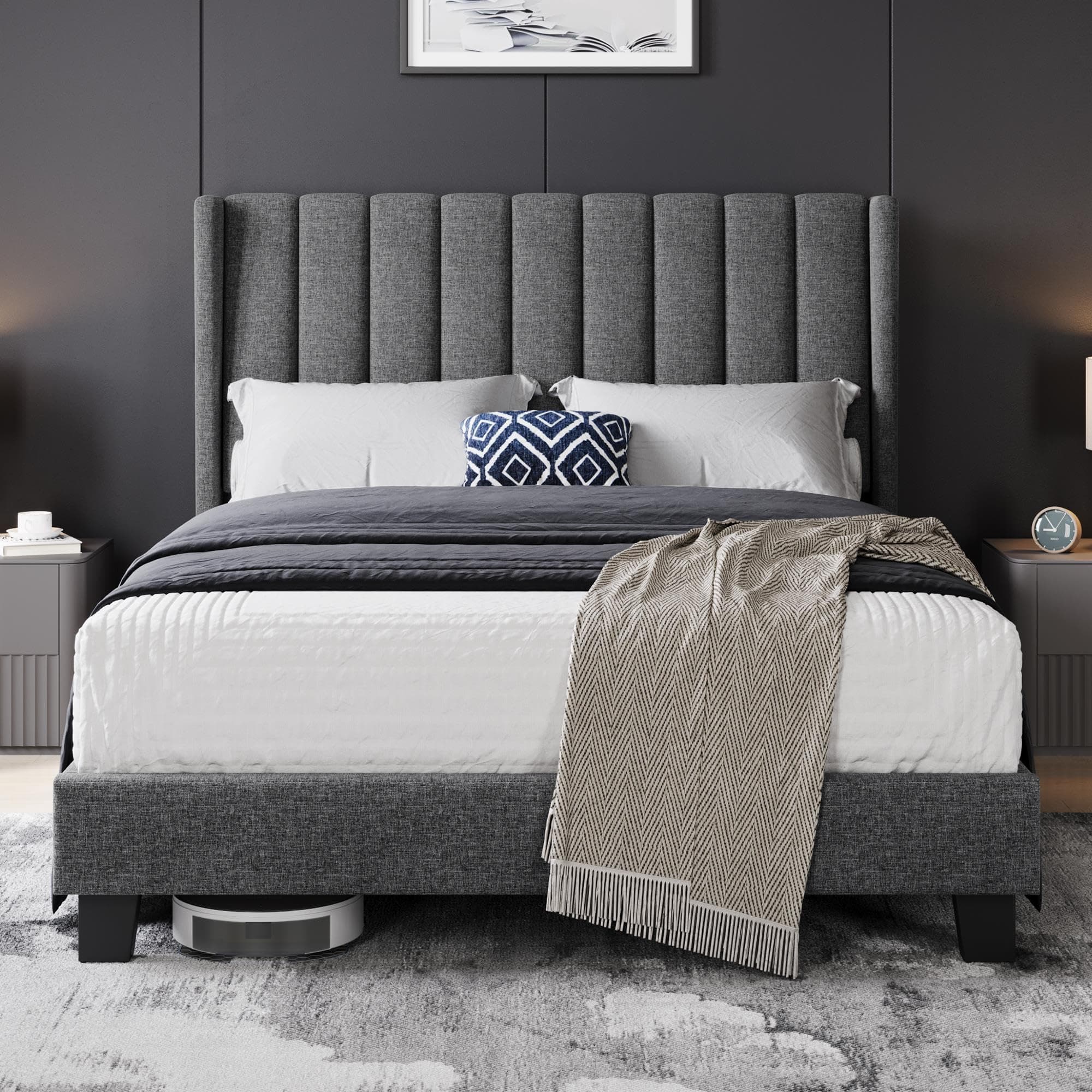 Yaheetech Double Bed Frame, Upholstered Platform Bed with Channel Tufted Headboard & Wing Side, Wood Slat Support, Mattress Foundation, No Box Spring Needed, Noise-free, 4ft6 Double Bed Dark Grey