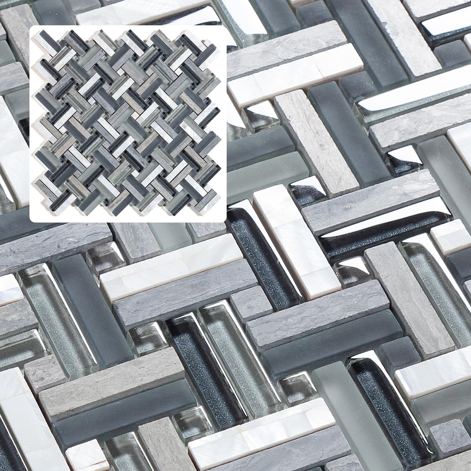 4 Sheets Black Herringbone Mosaic Backsplash Tile, Polished Shower Floor and Wall Tile