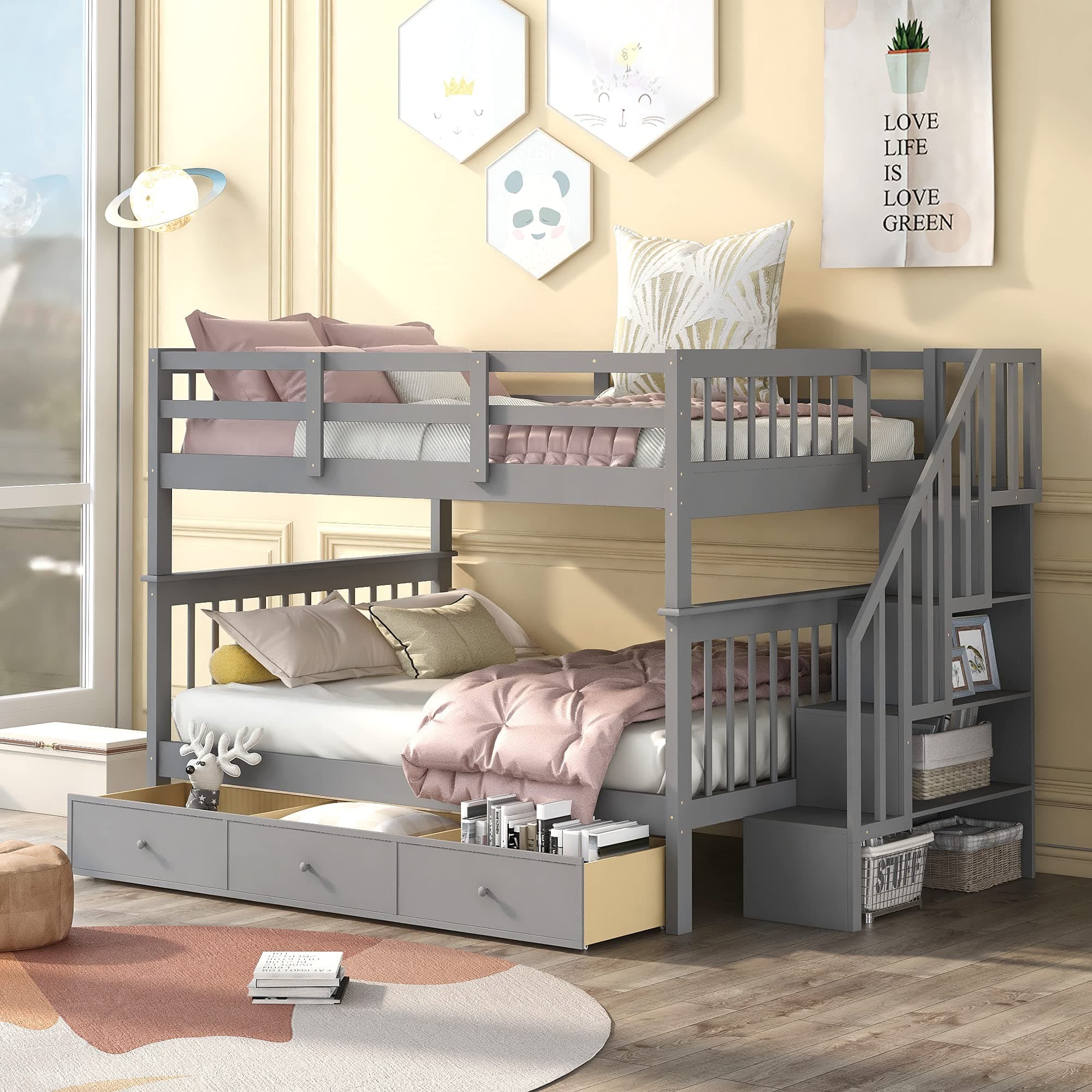 Modern Bunk Bed Full-Over-Full Size with Storage Staircase and Drawer, Solid Wood Full Bunk Bed Frame with Safety Guardrail for Kids Teens Adults, Can be Split into 2 Separate Beds (Gray-5)