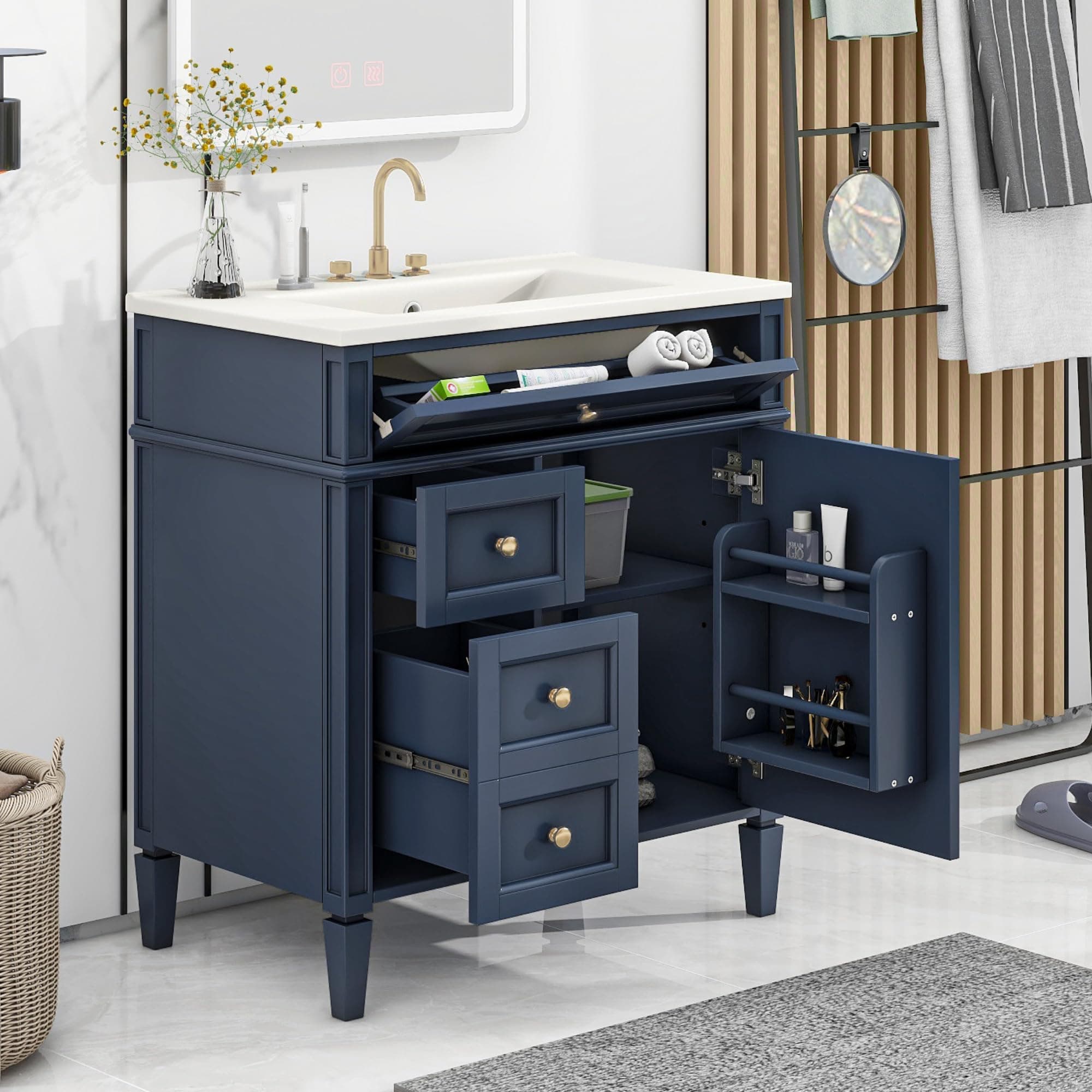 Linique 30" Bathroom Vanity with Sink Combo Set, Solid Wood Frame Modern Bathroom Storage Cabinet with 2 Drawers and a Tip-Out Drawer, Soft Closing Cabinet Door with Organizer, Blue