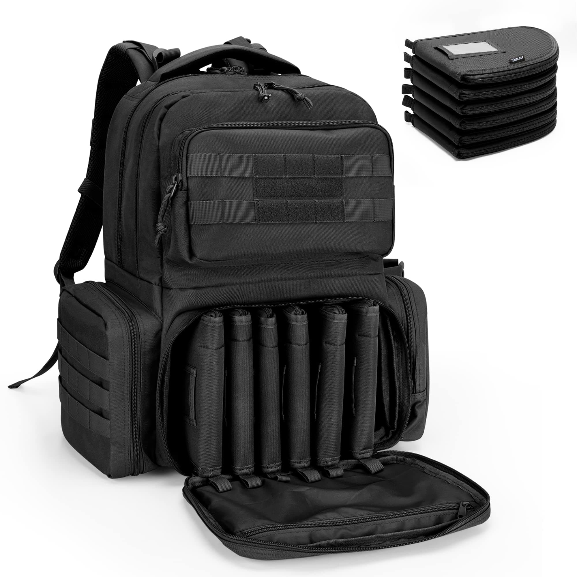 DSLEAF Tactical Pistol Backpack with 6 Pistol Cases, Gun Range Backpack with 10x Magazine Slots for Shooting and Hunting