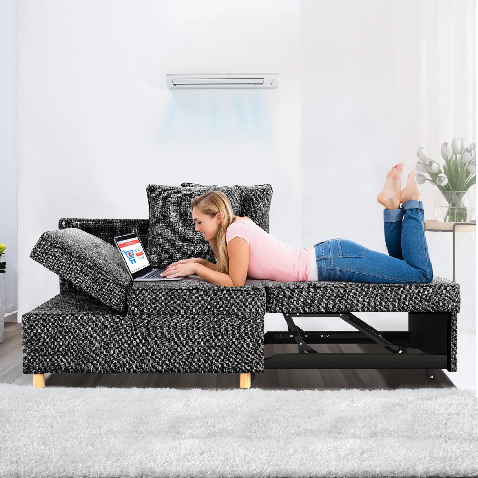 SEJOV Sofa Bed 4-in-1 Convertible Sofas & Couches, 3-Seat Linen Fabric loveseat Sofa with 2 Throw Pillow, Single Recliner for Small Space with 5 Adjustable Backrest, Black