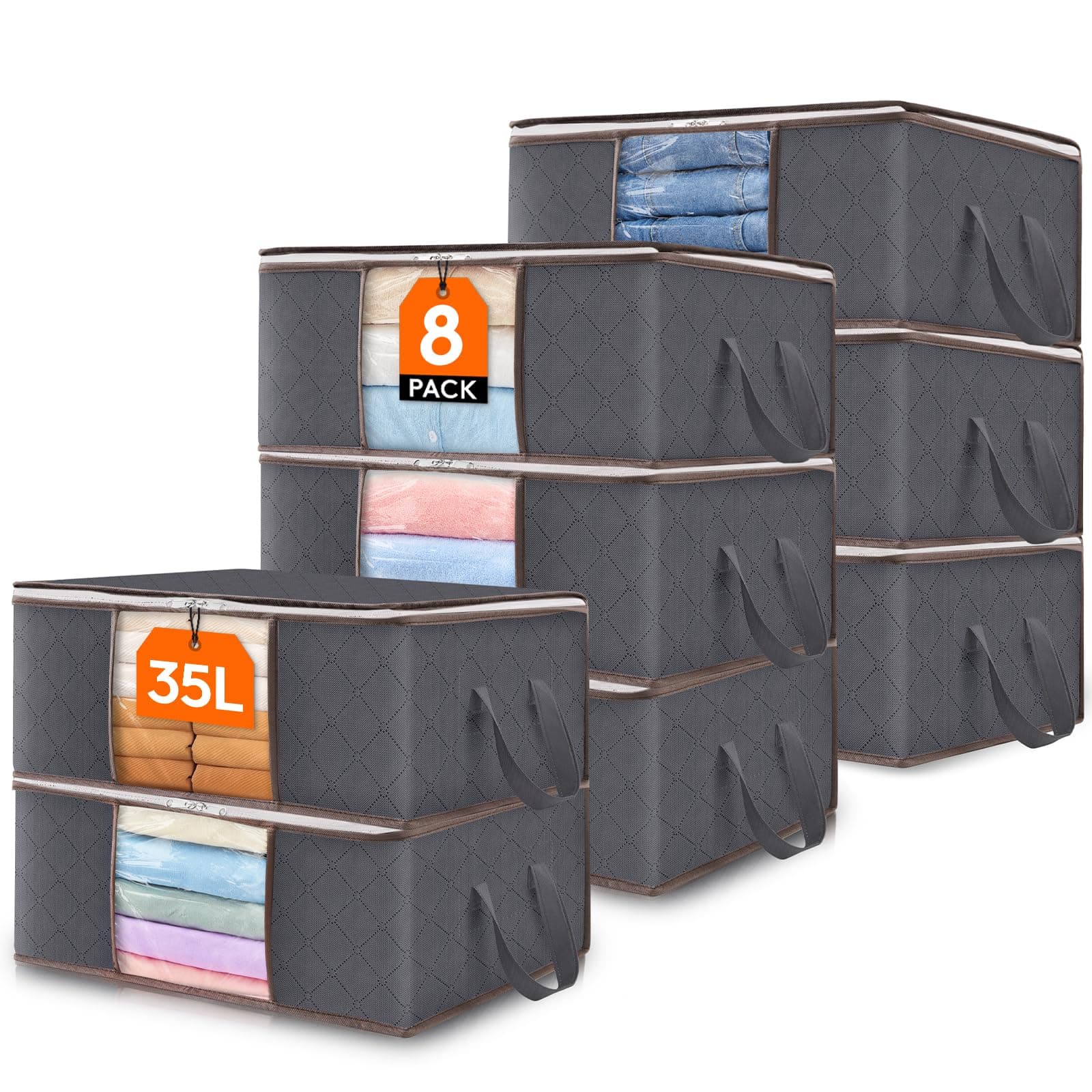 Lifewit 8 Pack Clothes Storage Bag Foldable Storage Boxes with Lids Underbed Wardrobe Storage Organiser with Sturdy Fabric Clear Window for Clothing Bedding Sweaters T-shirts Blankets, 35L, Grey