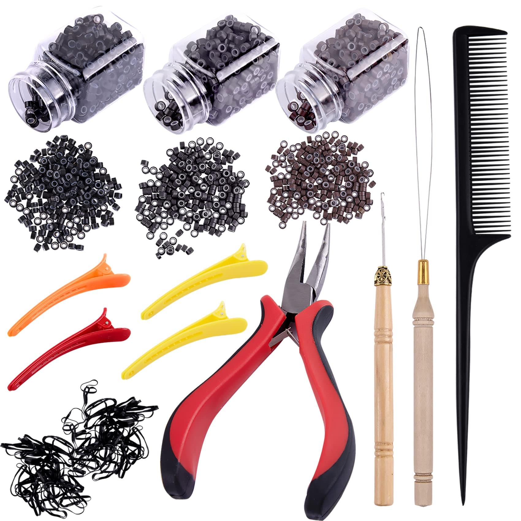 Duufin Hair Extensions Tools Kit 1500 Pcs Micro Ring Beads(Black, Dark Brown and Brown) 1 Micro Beads Plier 2 Hook Needle Pulling Loop 4 Plastic Hair Clips 1 Comb and 2 Bags Black Mini Hair Elastic
