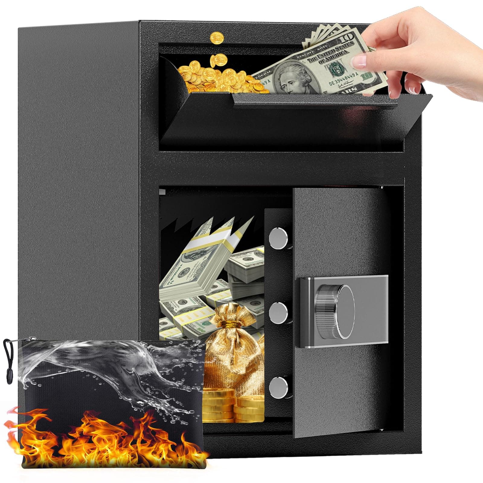 1.8 CUB Drop Safe, Safe Box with Front Drop Slot Fireproof, Digital Security Safe Box with Combination Lock, Security Money Safe for Cash Tin and Money Storage, Silent Safe for Business Office Home