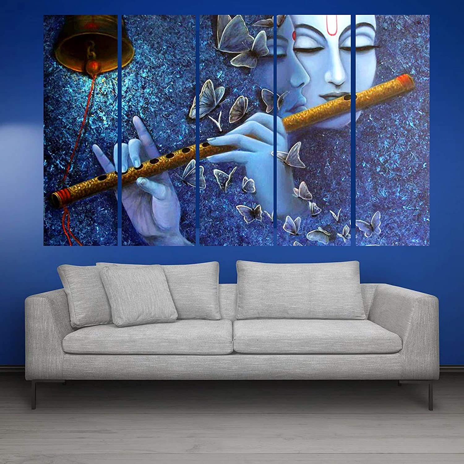 Big Size Multiple Frames, Beautiful Radha Krishna with bansuri Wall Painting for Living Room, Bedroom, Office, Hotels, Drawing Room Wooden Framed Digital Painting (72x40)